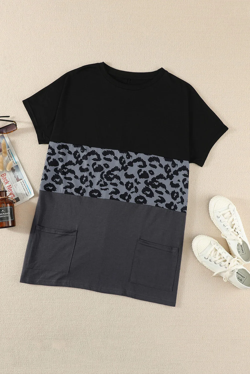 Leopard Triple Colorblock Splicing Short Sleeve Mini Dress with Pockets