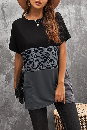 Leopard Triple Colorblock Splicing Short Sleeve Mini Dress with Pockets