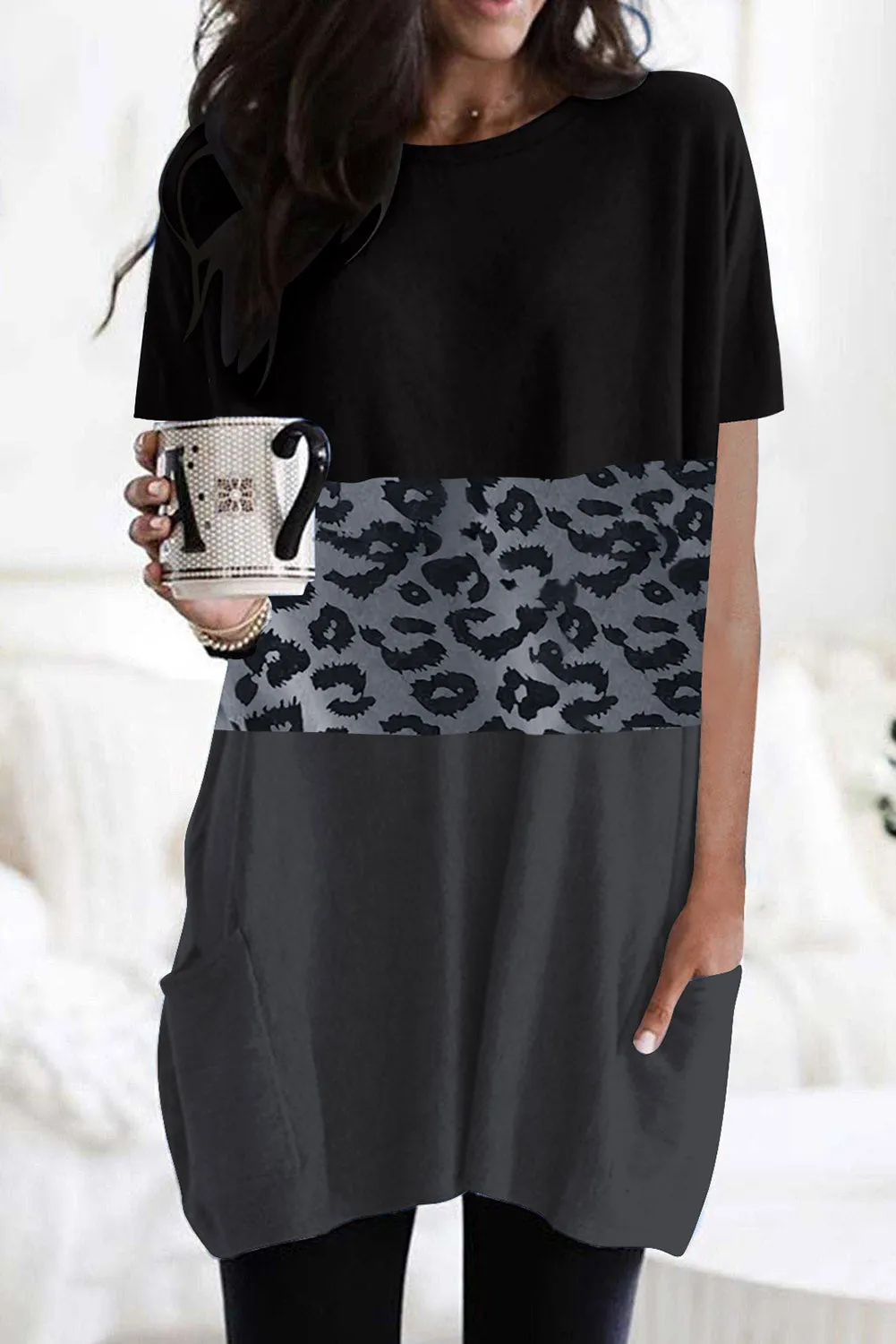 Leopard Triple Colorblock Splicing Short Sleeve Mini Dress with Pockets