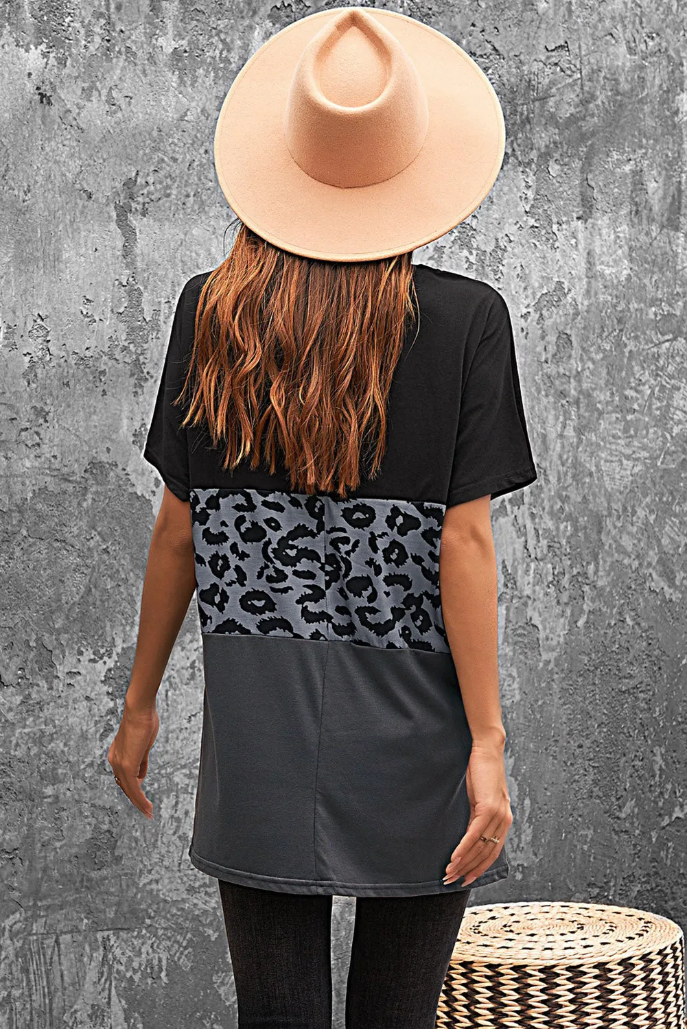 Leopard Triple Colorblock Splicing Short Sleeve Mini Dress with Pockets