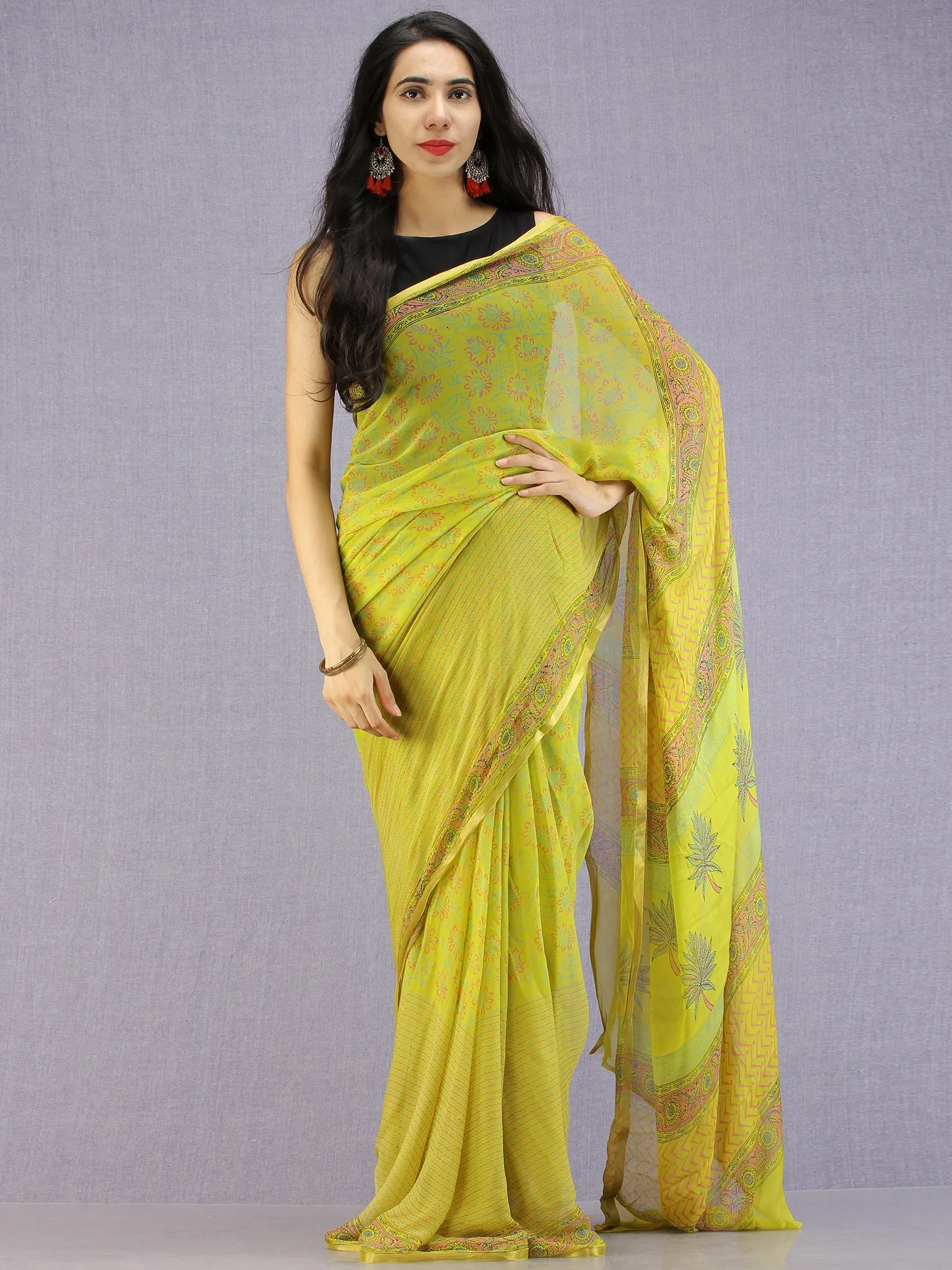 Lime Green Pink Blue Hand Block Printed Chiffon Saree with Zari Border - S031704592