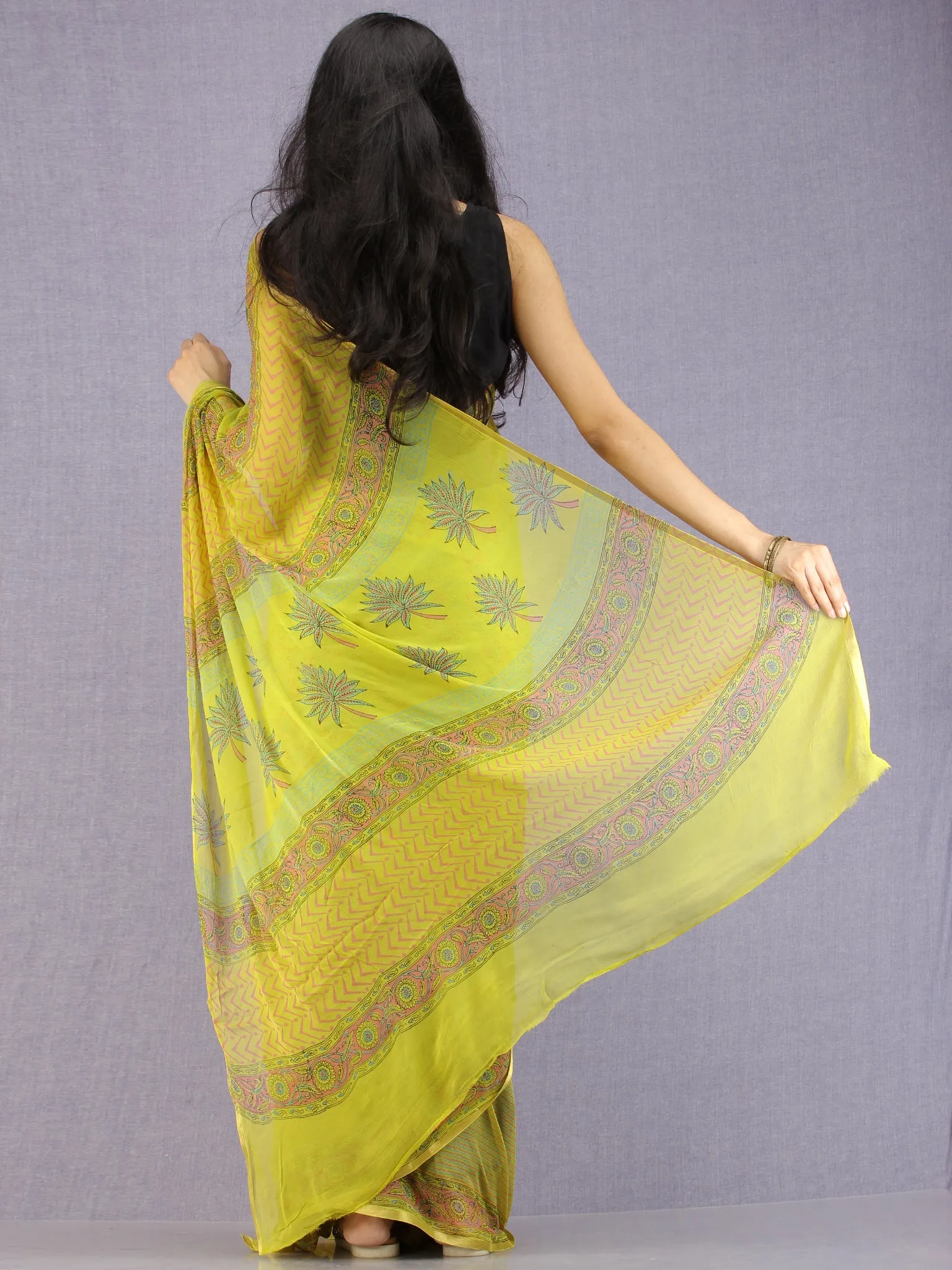 Lime Green Pink Blue Hand Block Printed Chiffon Saree with Zari Border - S031704592