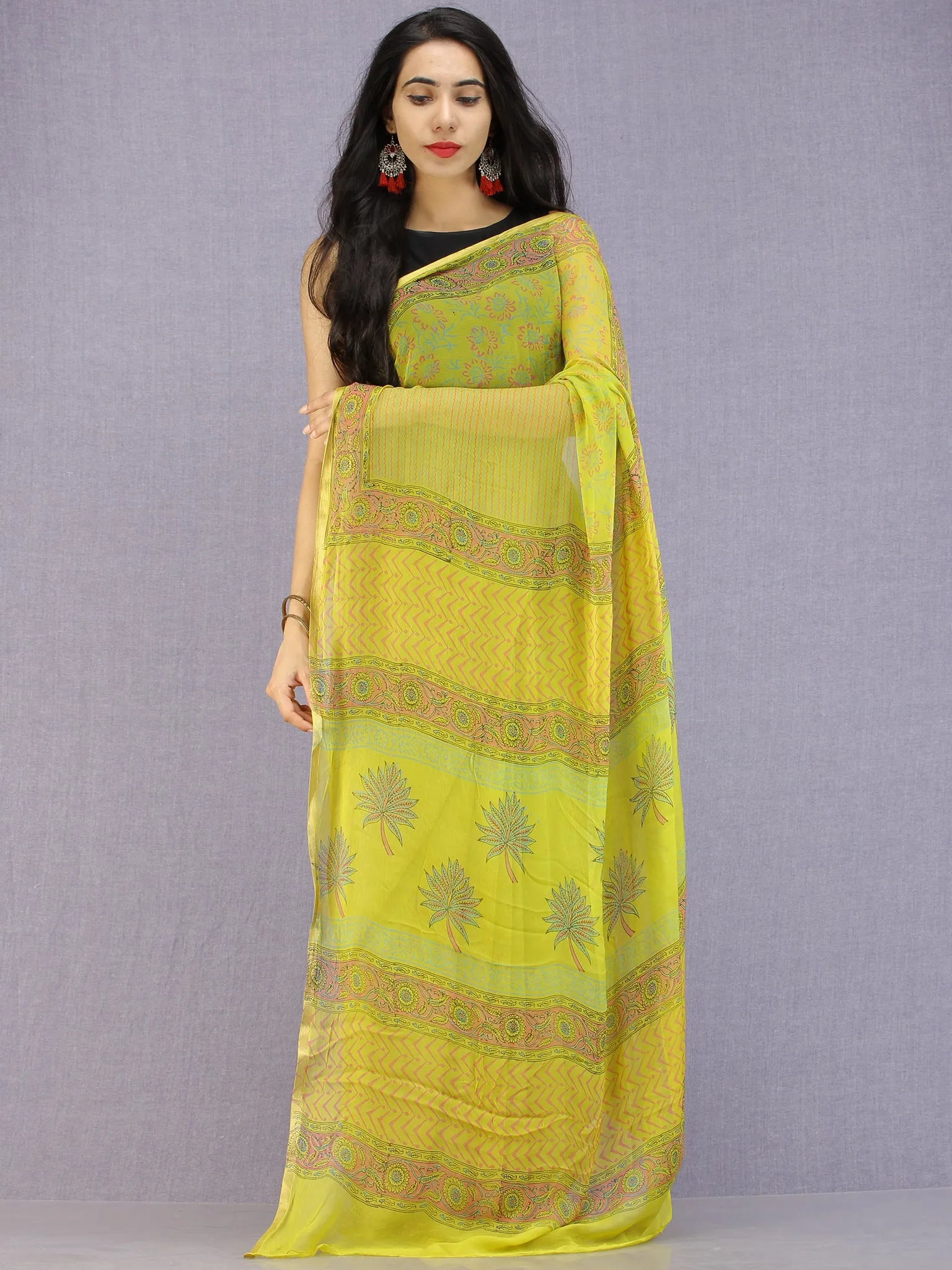 Lime Green Pink Blue Hand Block Printed Chiffon Saree with Zari Border - S031704592