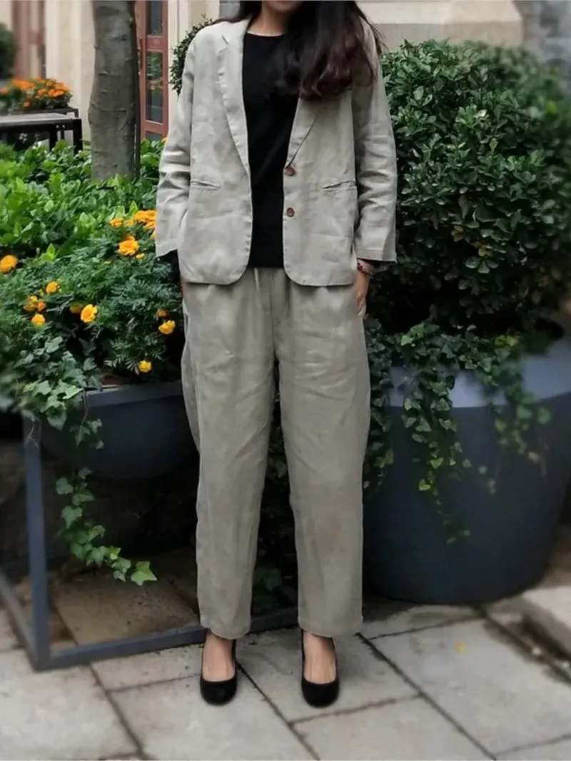 Loose Linen Suit with Elastic Waist Pants
