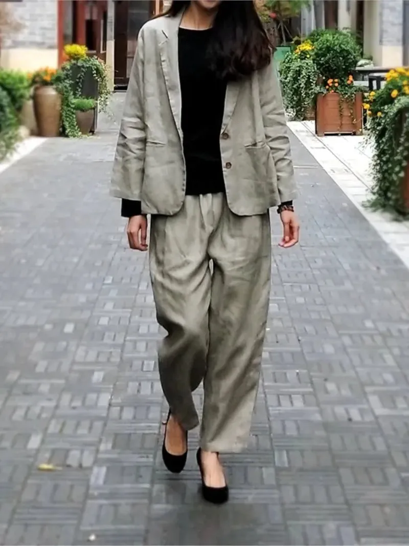 Loose Linen Suit with Elastic Waist Pants