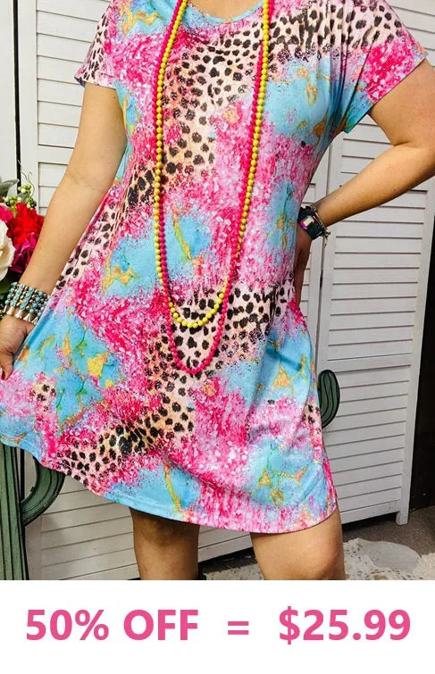 L,XL, 2X, 3X Turquoise, Pink, Leopard mix dress