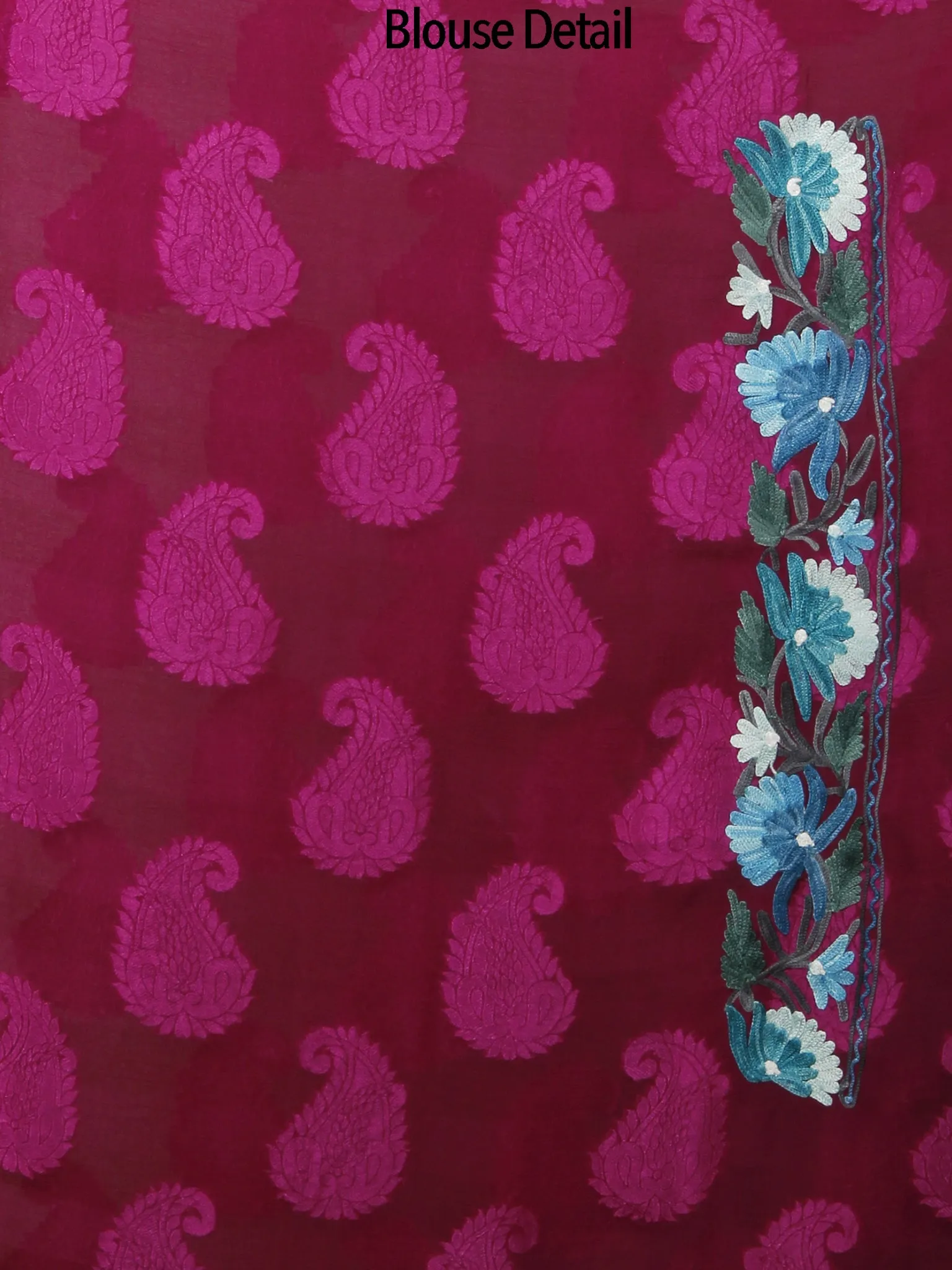 Maroon Purple Teal Blue Ivory Aari Embroidered Chiffon Saree With Paisley Self From Kashmir  - S031702143