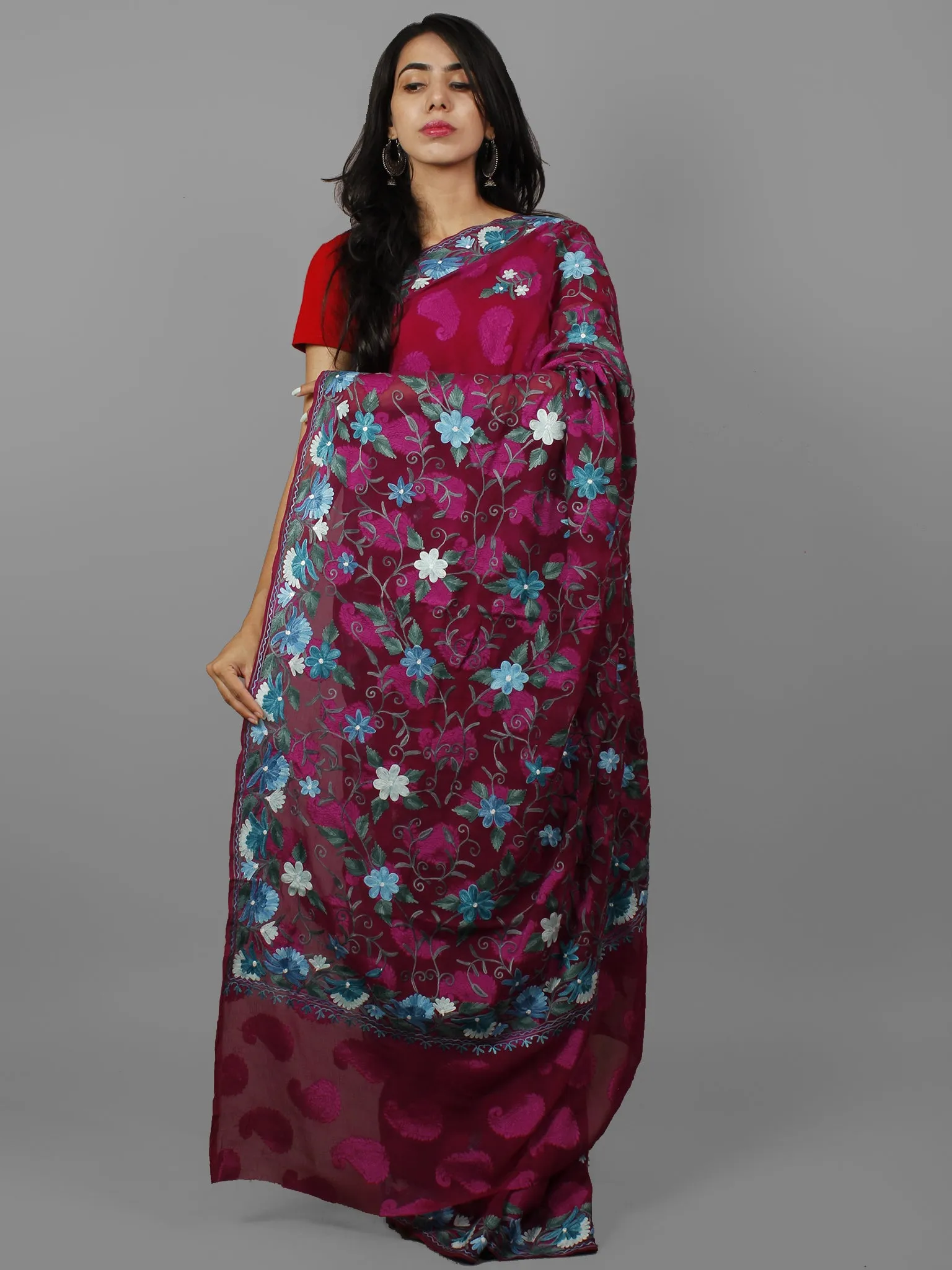 Maroon Purple Teal Blue Ivory Aari Embroidered Chiffon Saree With Paisley Self From Kashmir  - S031702143