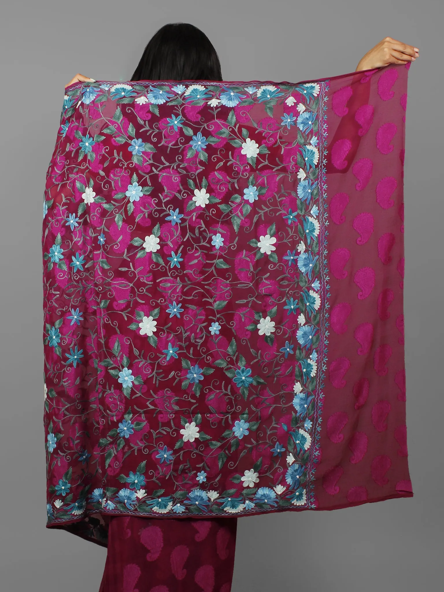 Maroon Purple Teal Blue Ivory Aari Embroidered Chiffon Saree With Paisley Self From Kashmir  - S031702143
