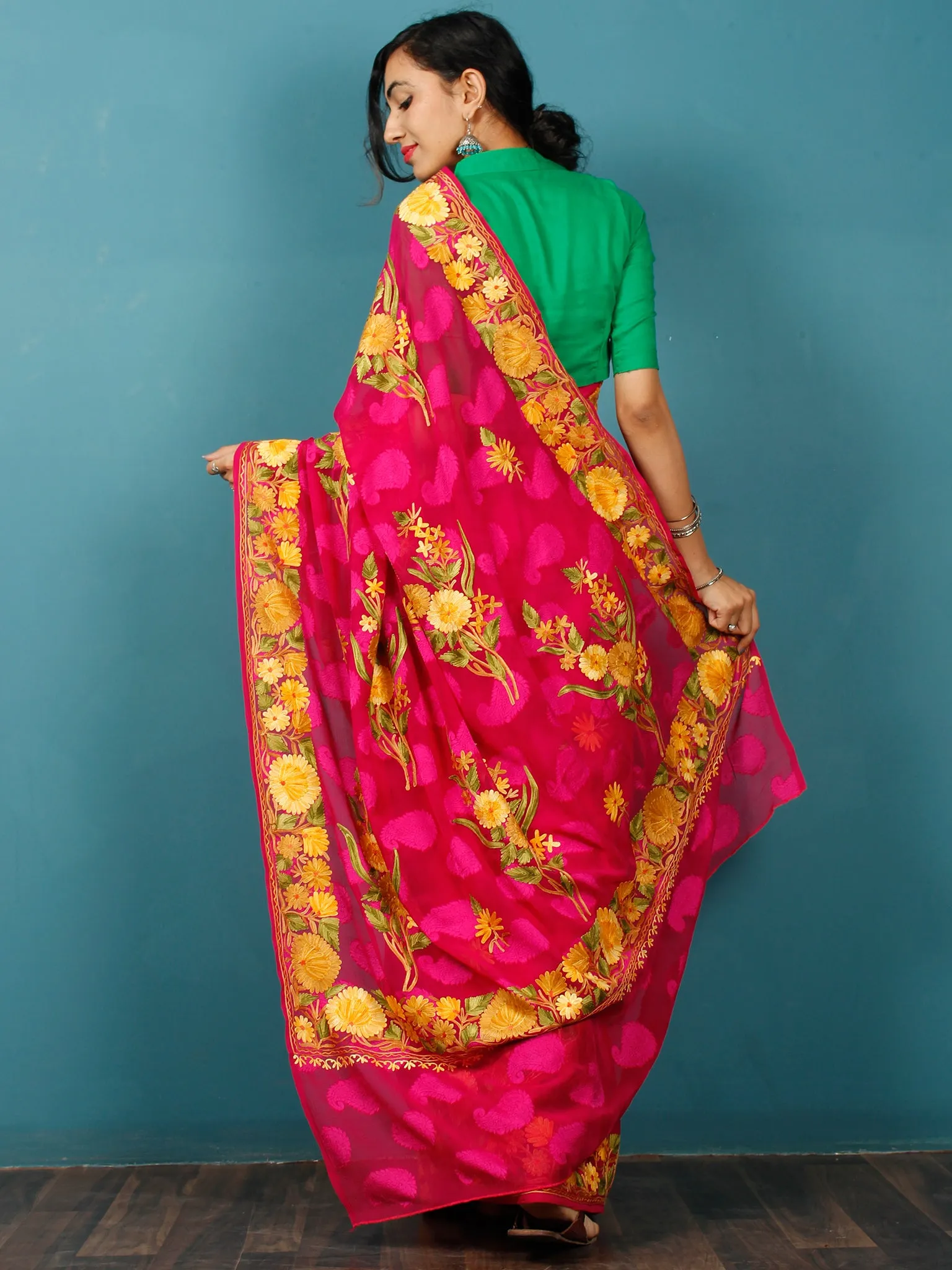 Maroon Yellow Green Aari Embroidered Chiffon Saree With Paisley Self From Kashmir - S031703078