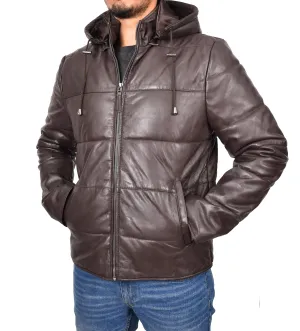 Men's Genuine Leather Hooded Puffer Jacket Brown Asmund