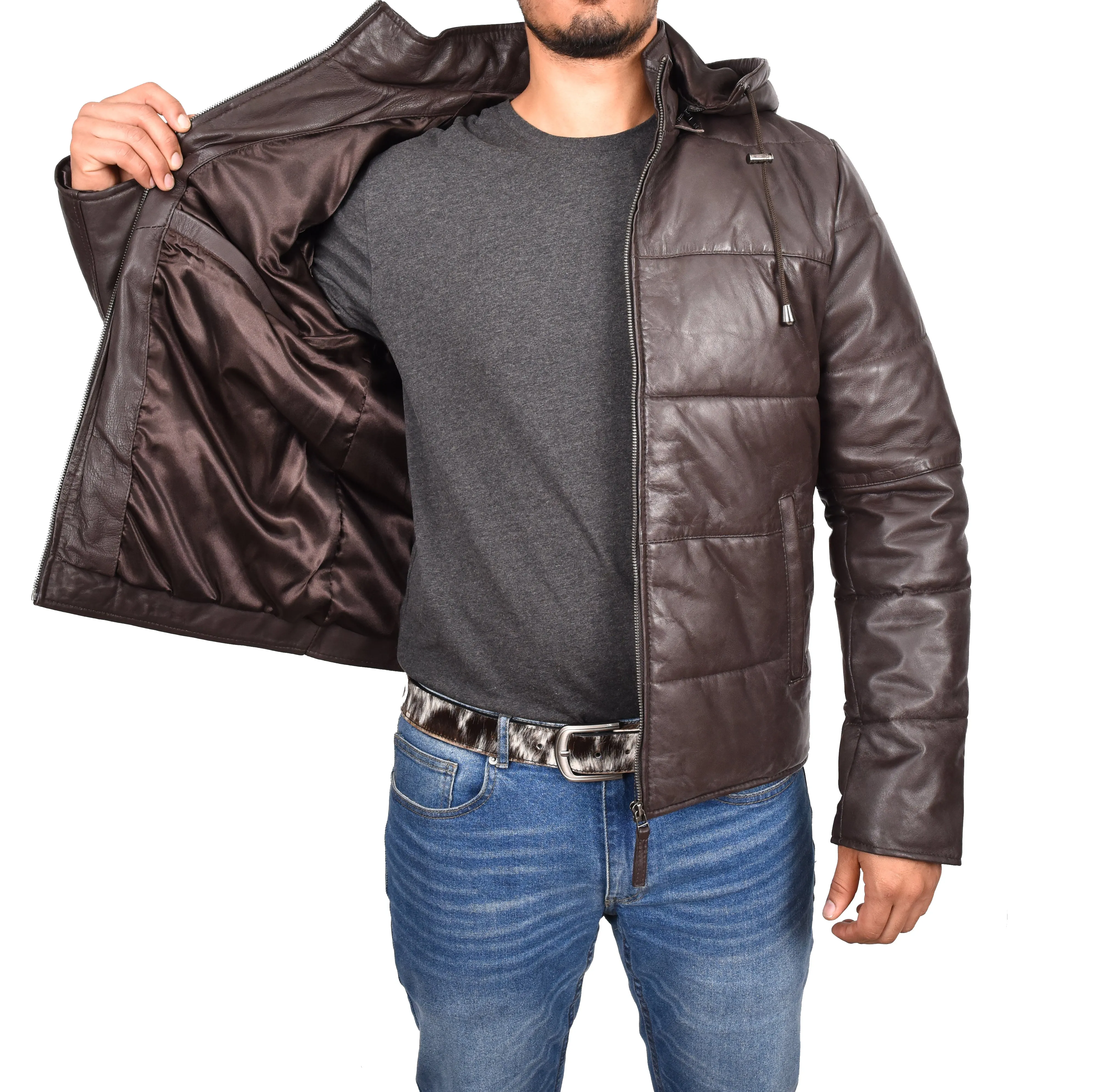 Men's Genuine Leather Hooded Puffer Jacket Brown Asmund