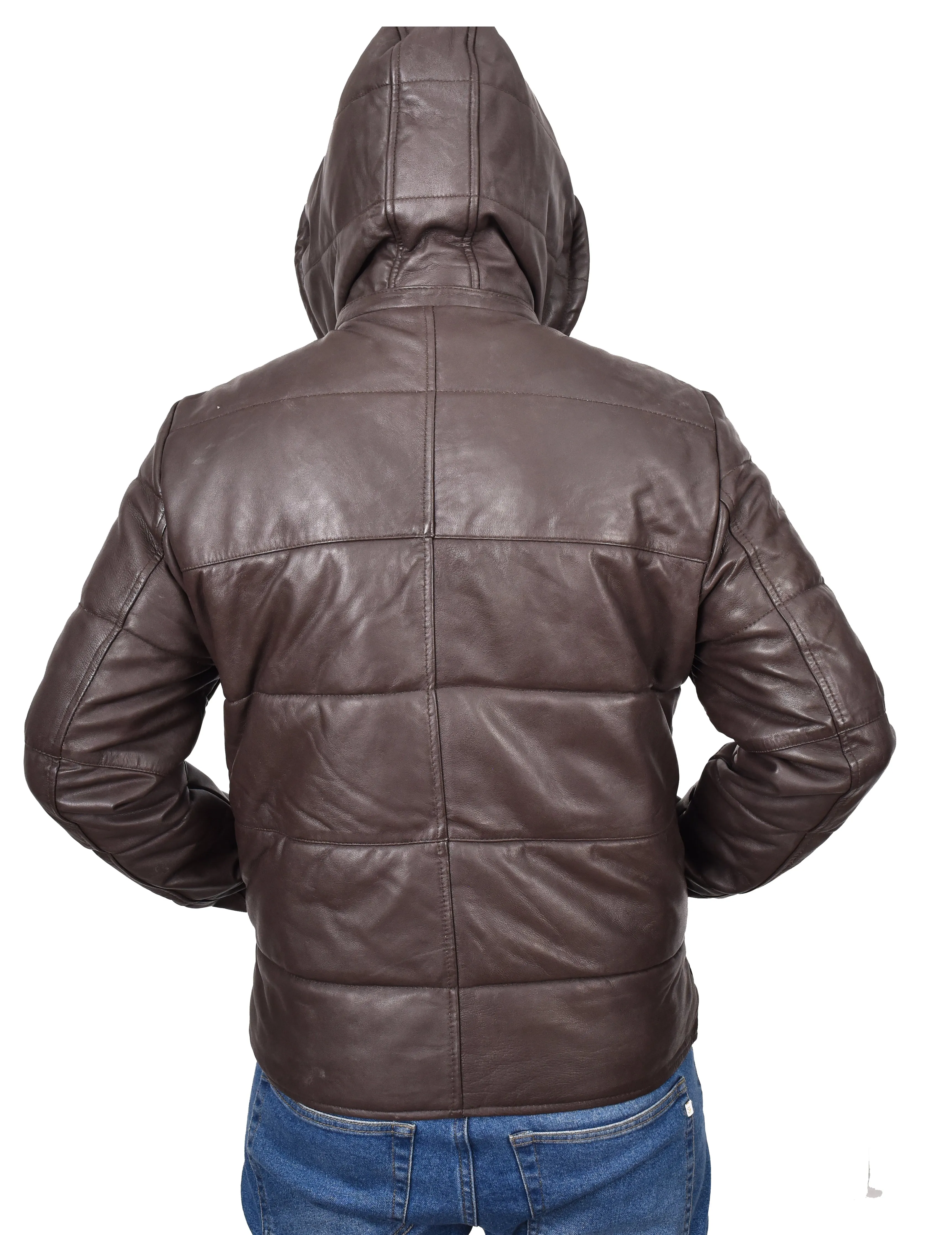 Men's Genuine Leather Hooded Puffer Jacket Brown Asmund