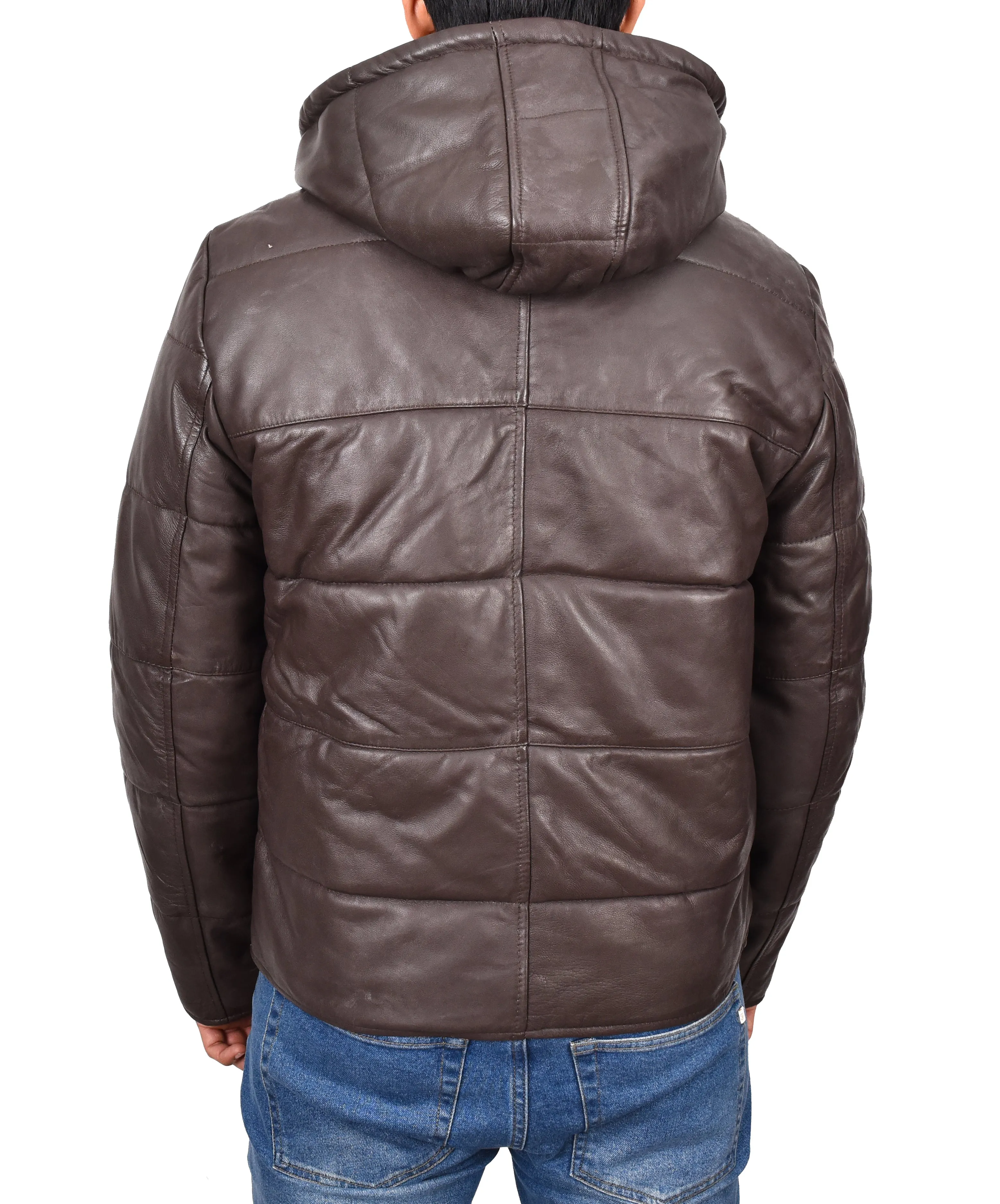 Men's Genuine Leather Hooded Puffer Jacket Brown Asmund