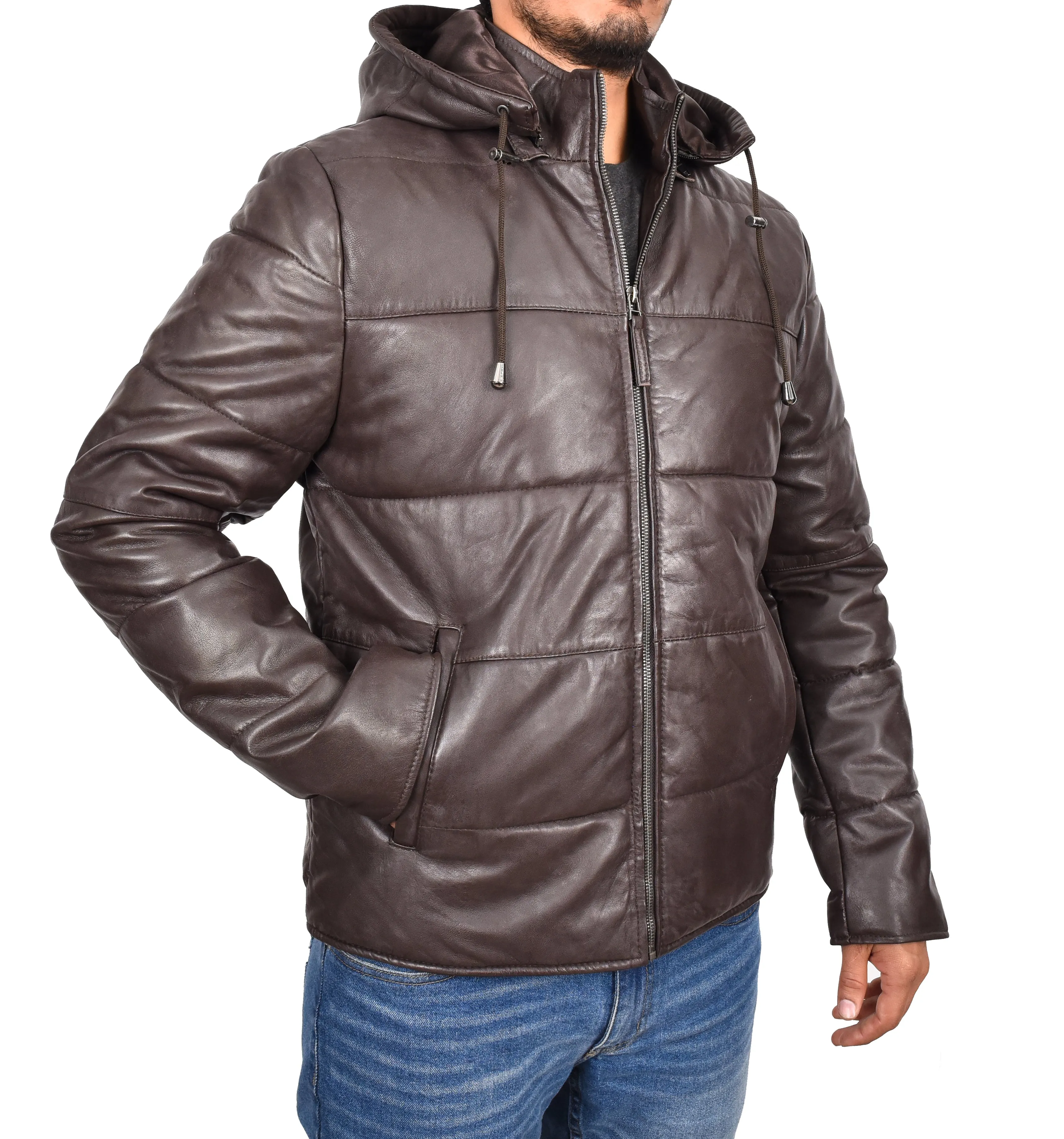 Men's Genuine Leather Hooded Puffer Jacket Brown Asmund