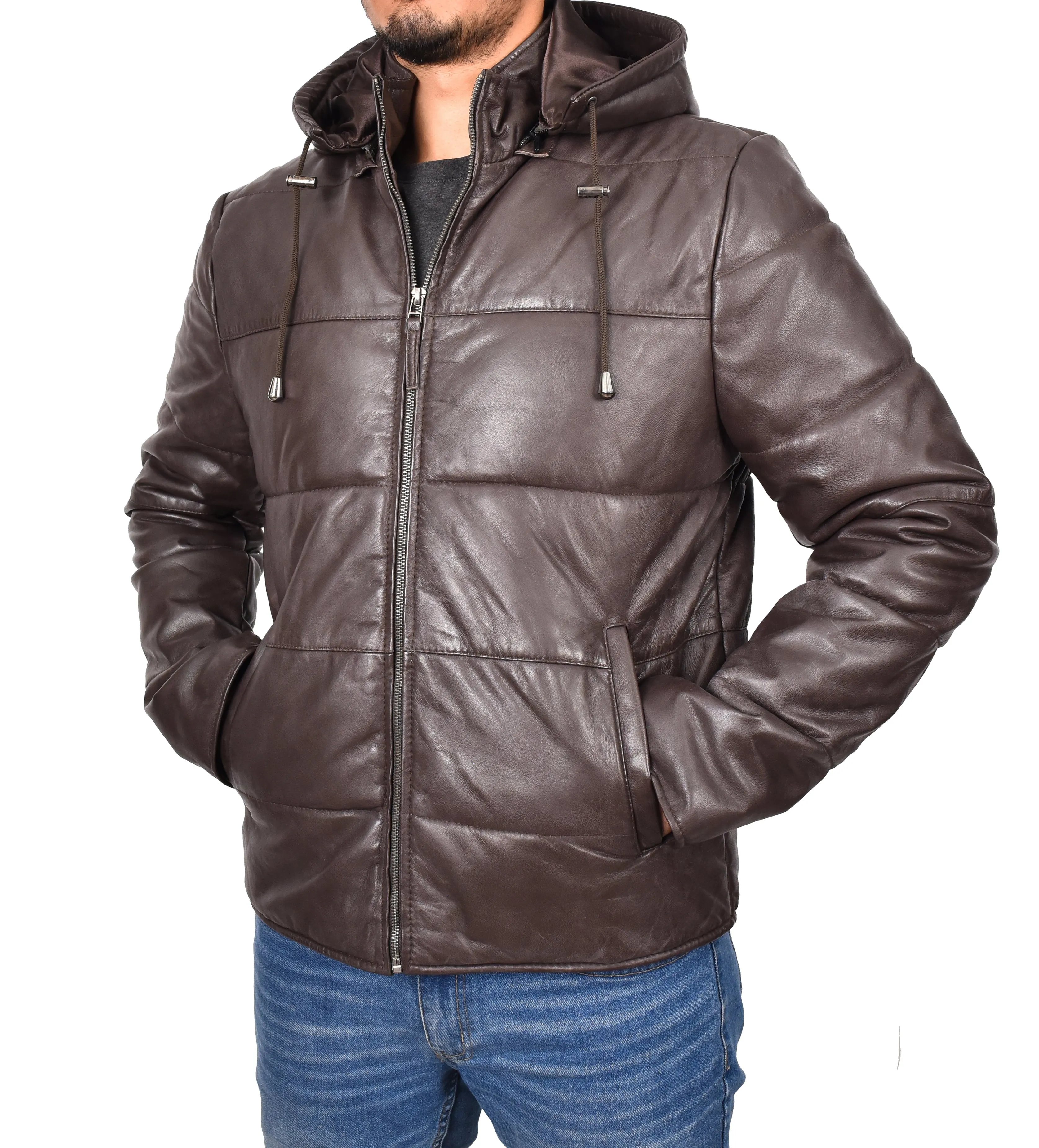 Men's Genuine Leather Hooded Puffer Jacket Brown Asmund