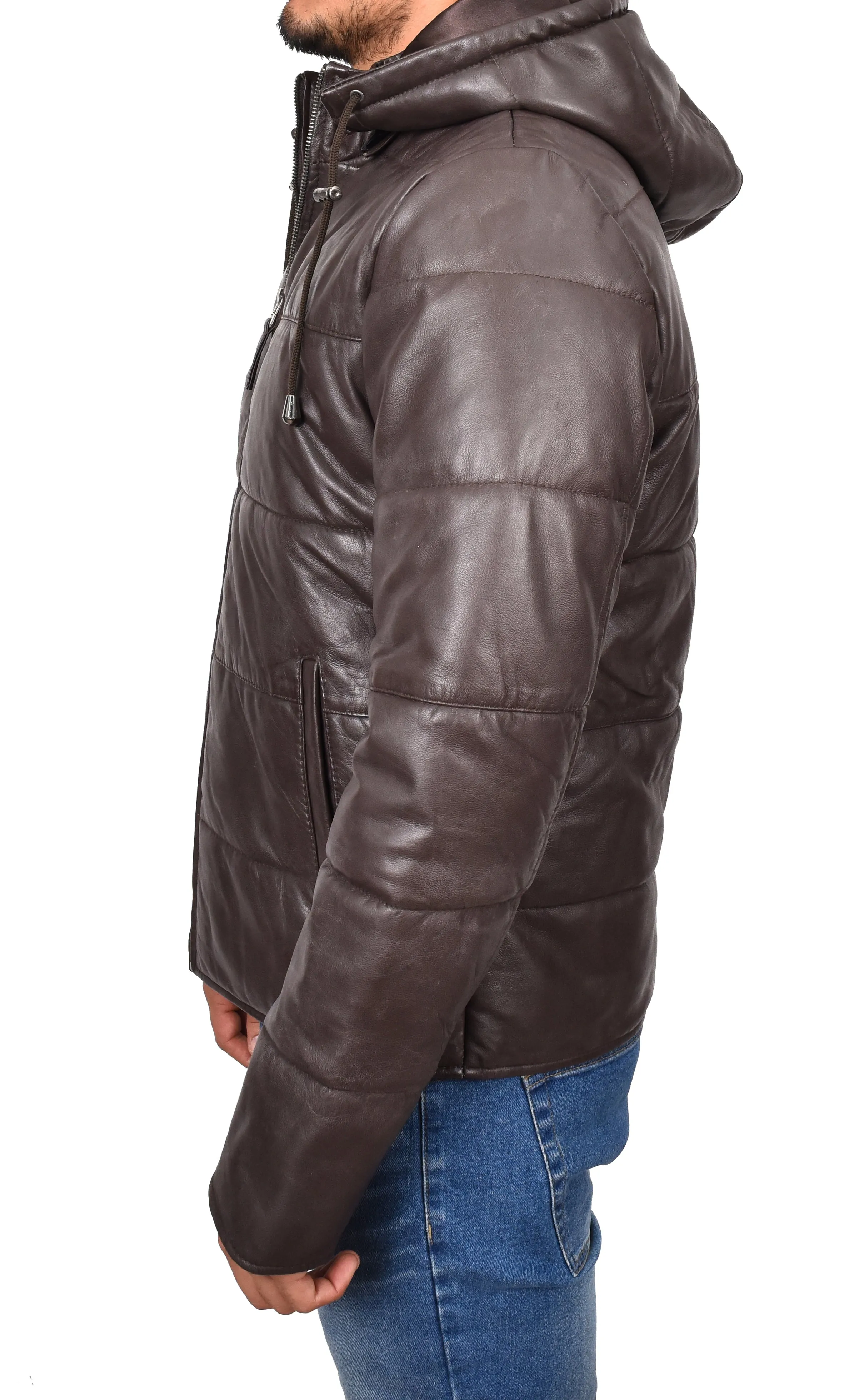Men's Genuine Leather Hooded Puffer Jacket Brown Asmund