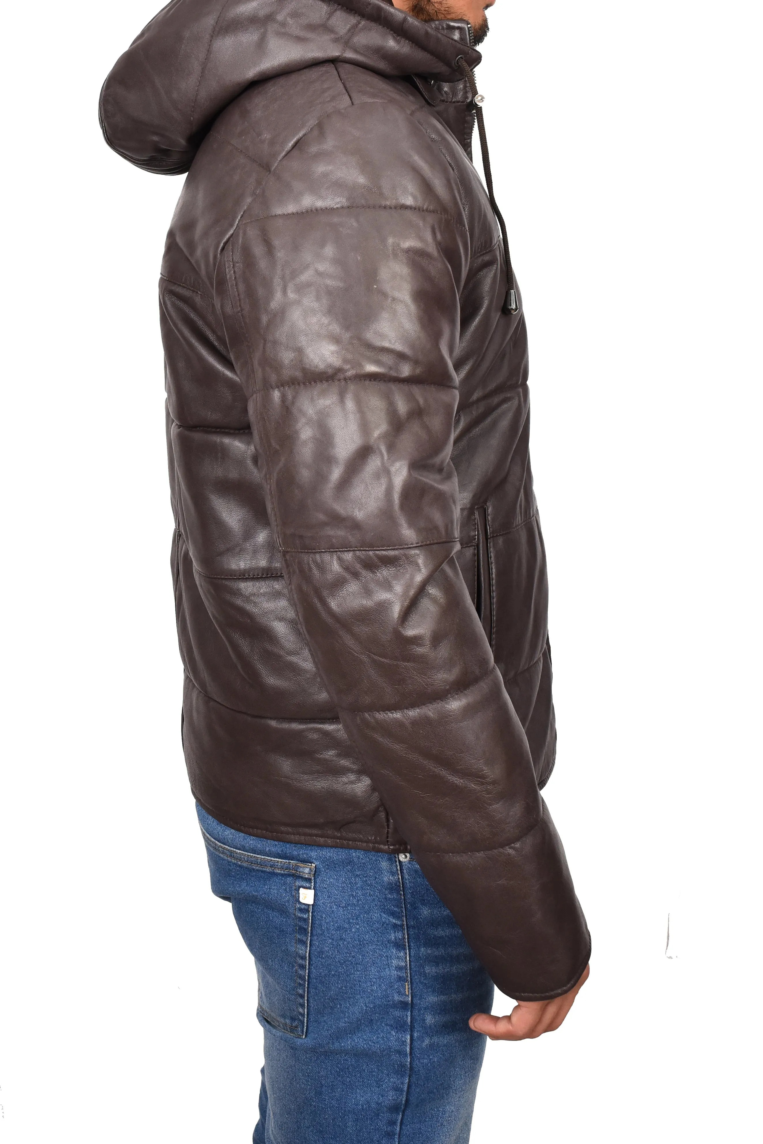 Men's Genuine Leather Hooded Puffer Jacket Brown Asmund