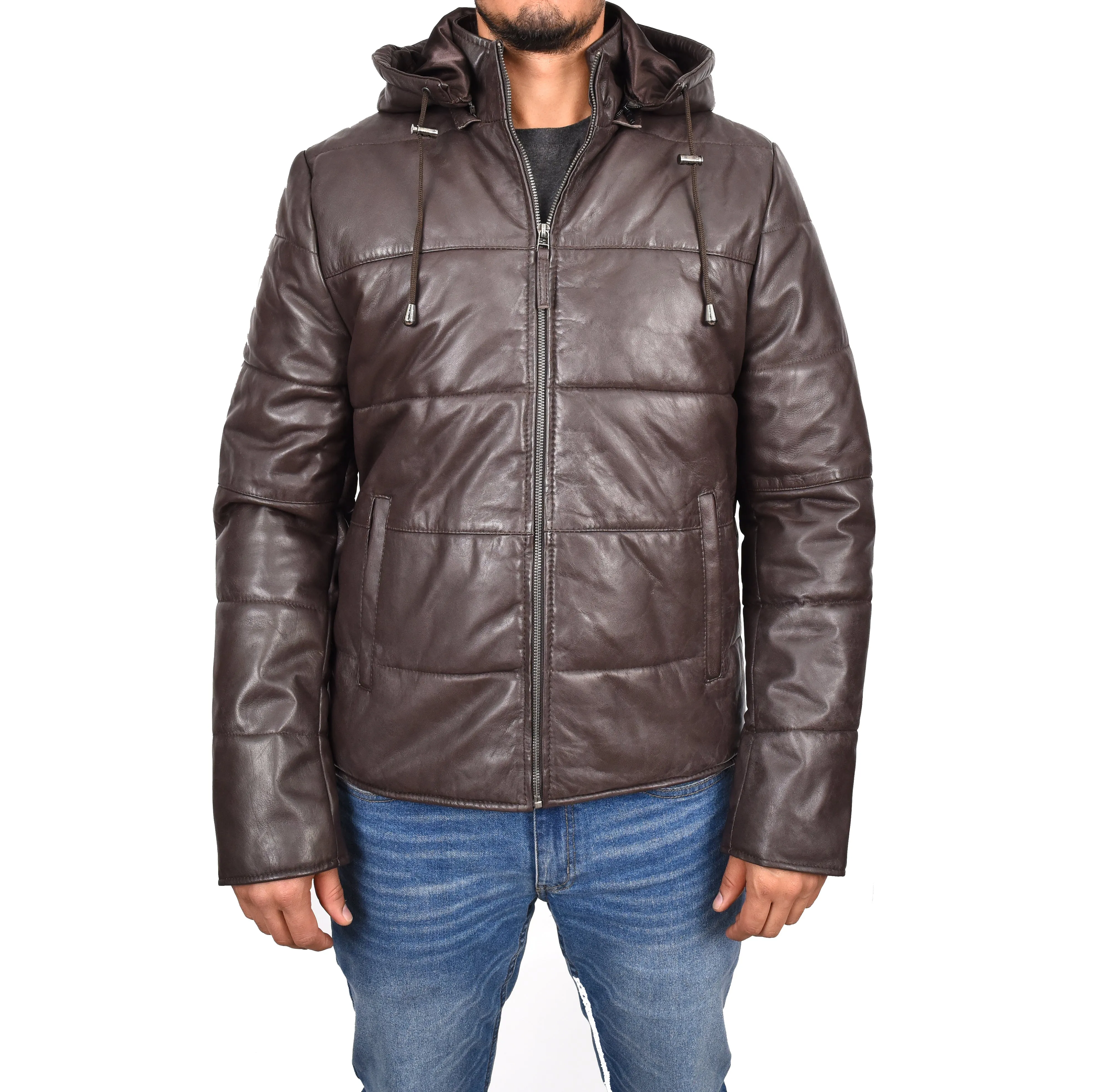 Men's Genuine Leather Hooded Puffer Jacket Brown Asmund