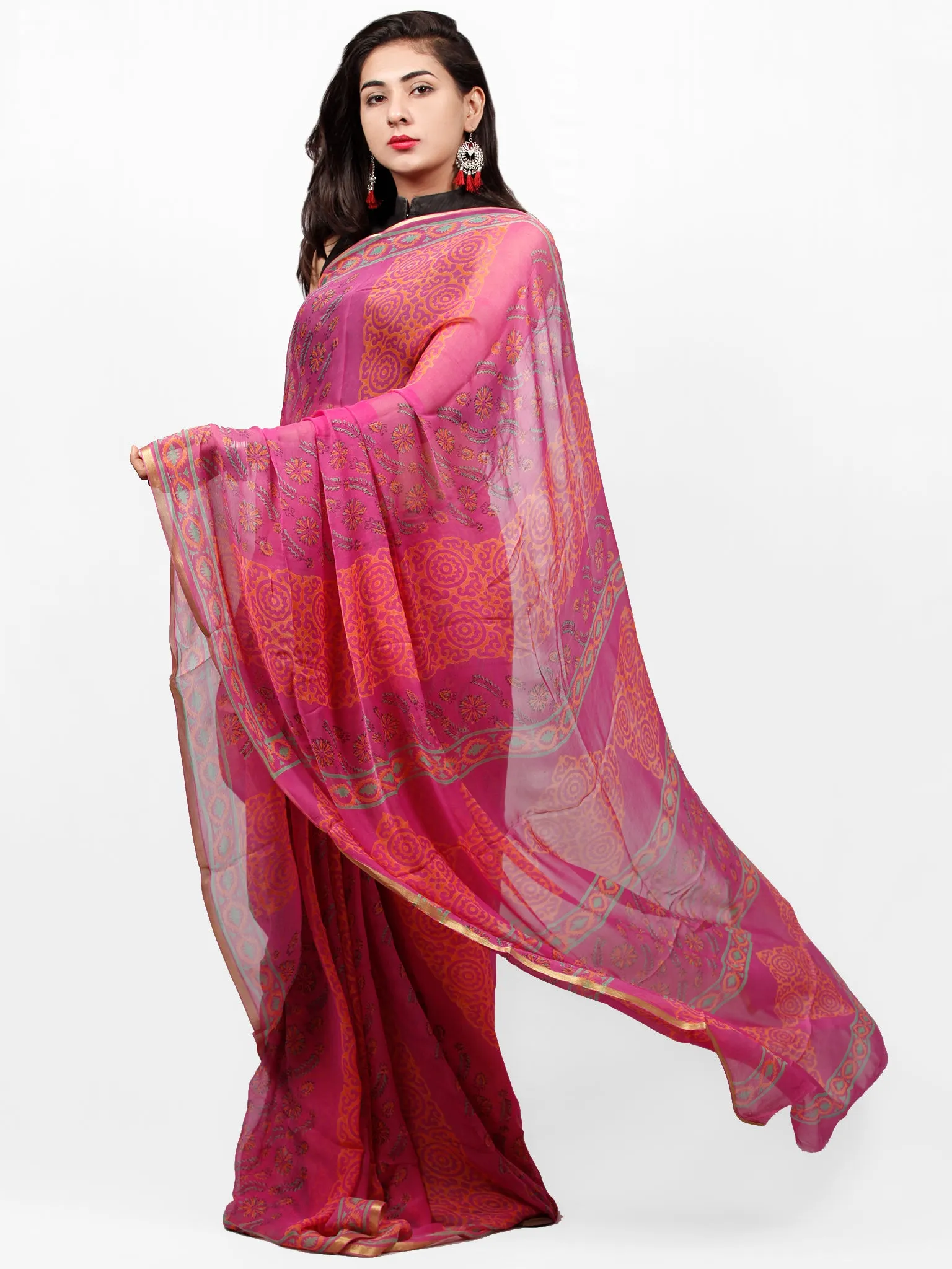 Mergenta Yellow Green  Hand Block Printed Chiffon Saree with Zari Border - S031703286
