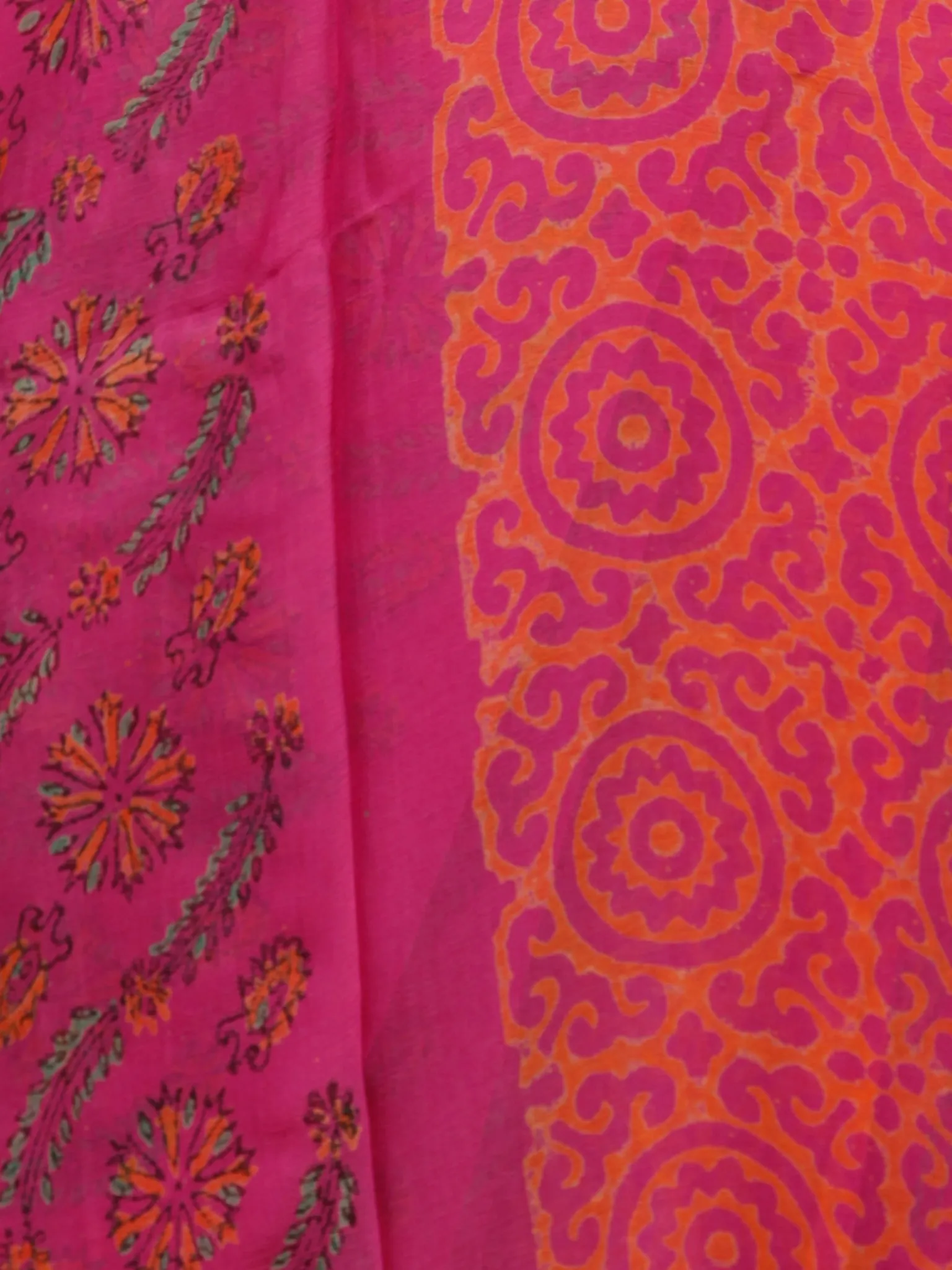 Mergenta Yellow Green  Hand Block Printed Chiffon Saree with Zari Border - S031703286