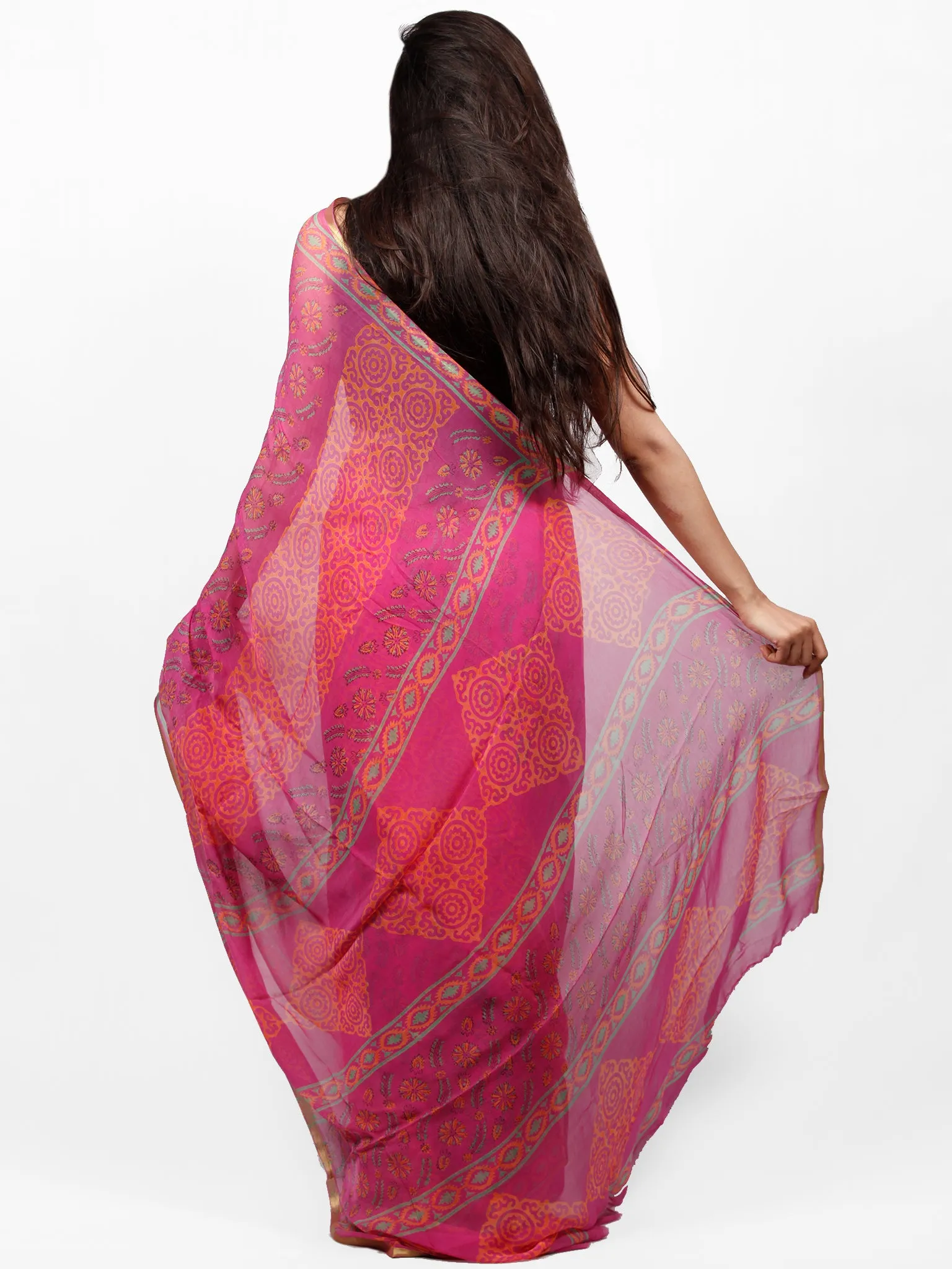 Mergenta Yellow Green  Hand Block Printed Chiffon Saree with Zari Border - S031703286