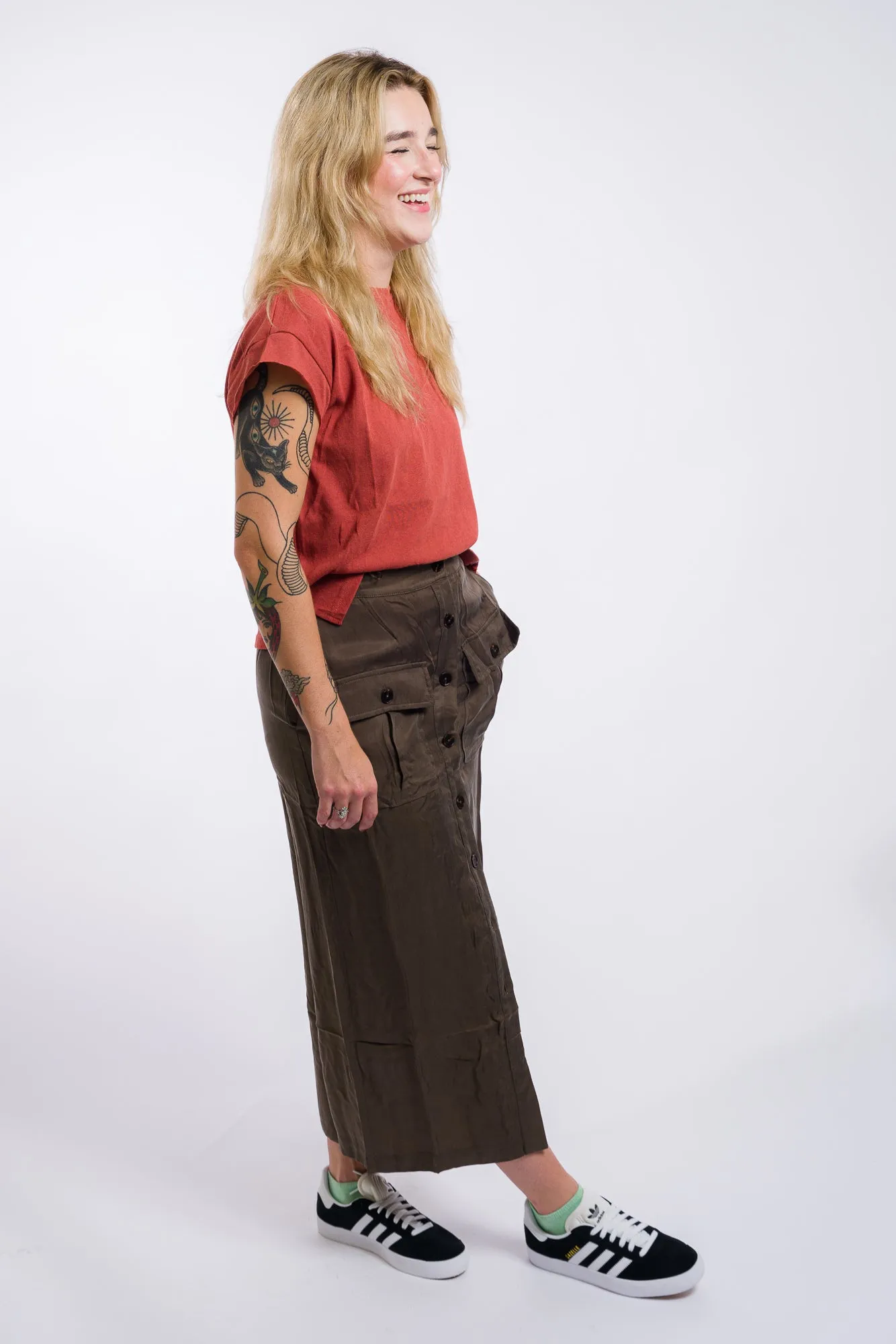 Miou Muse Buttondown Midi Cargo Skirt - Olive