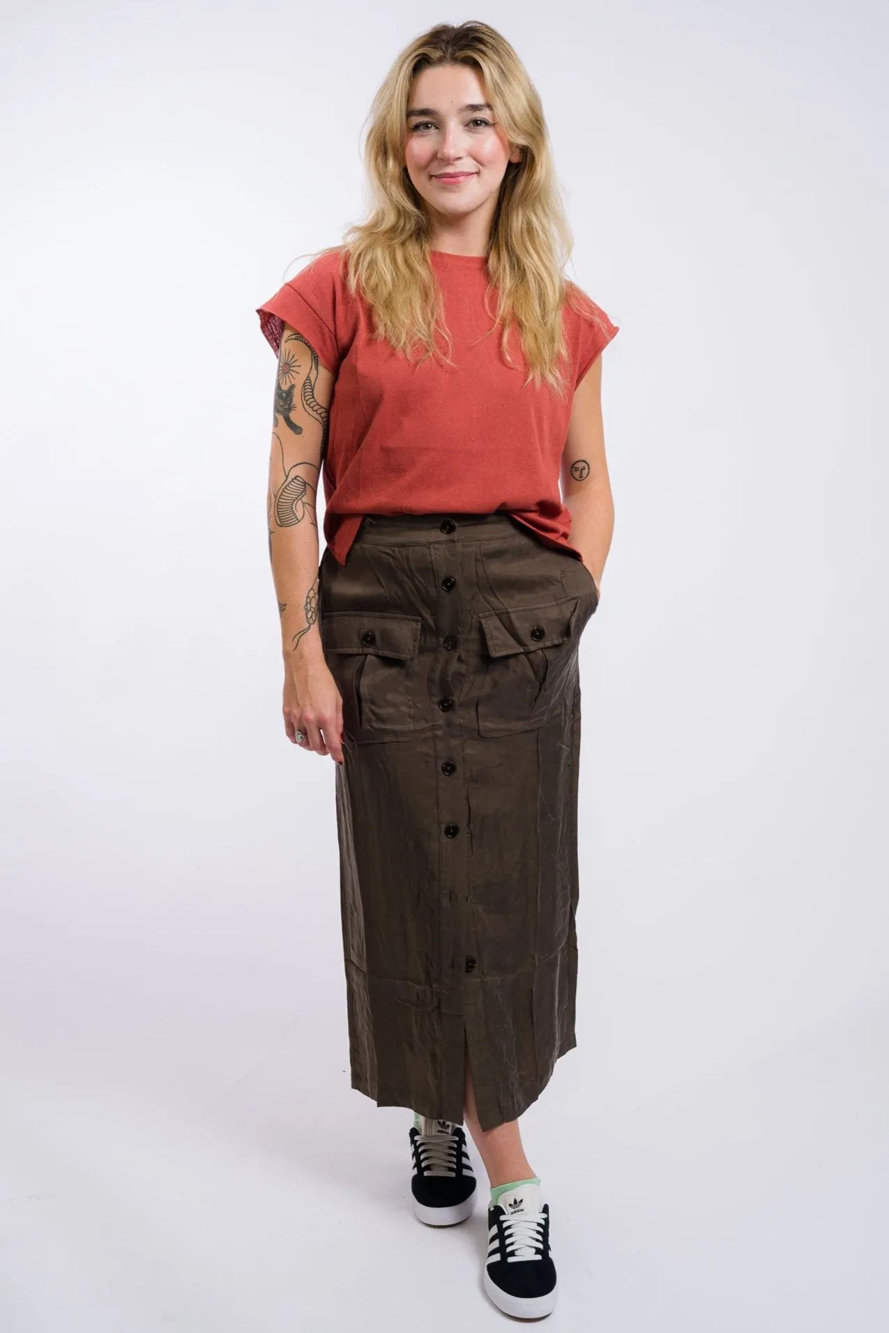 Miou Muse Buttondown Midi Cargo Skirt - Olive