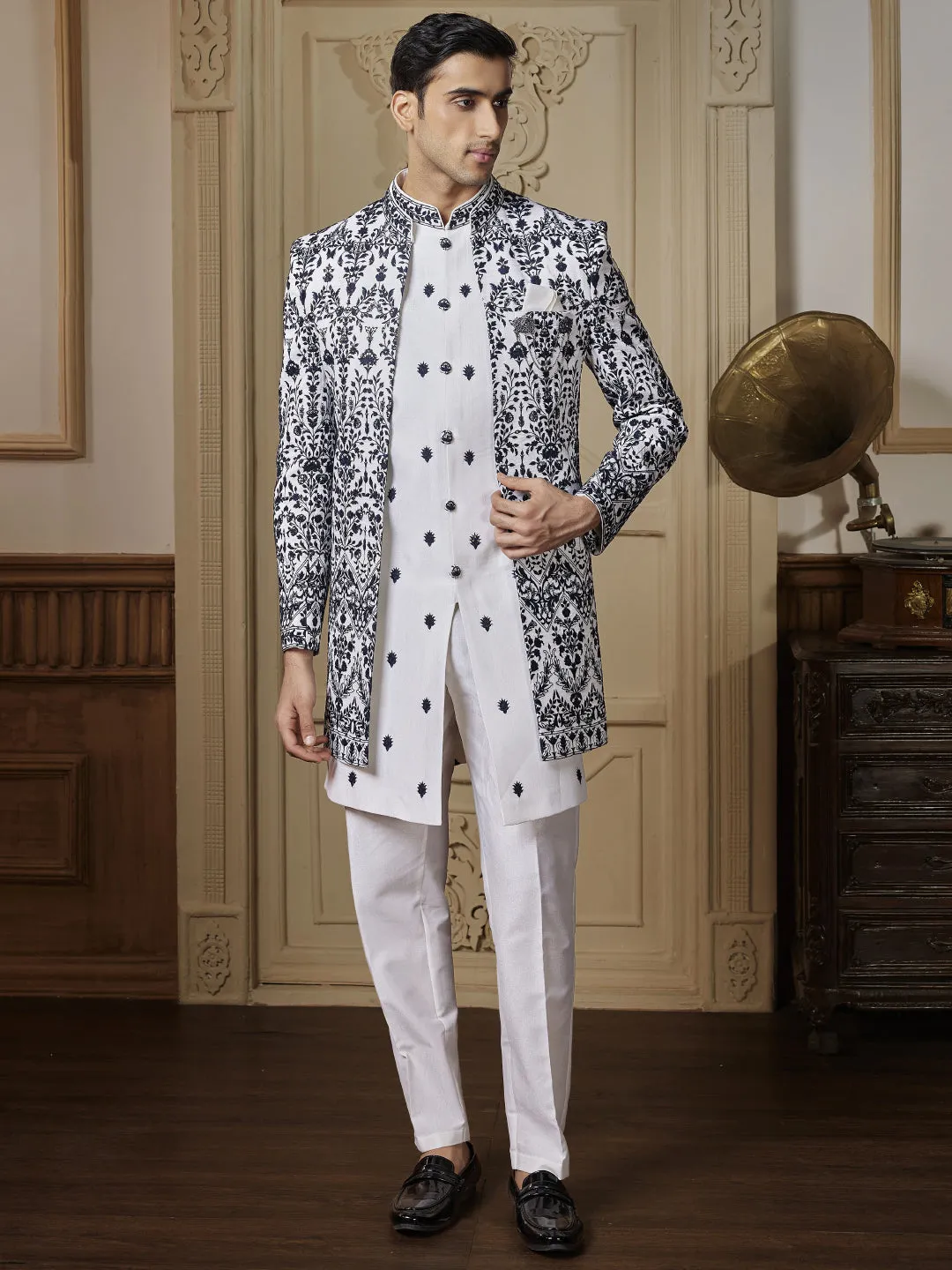 Monochromatic Ivory and White Embroidered Indo Western Set