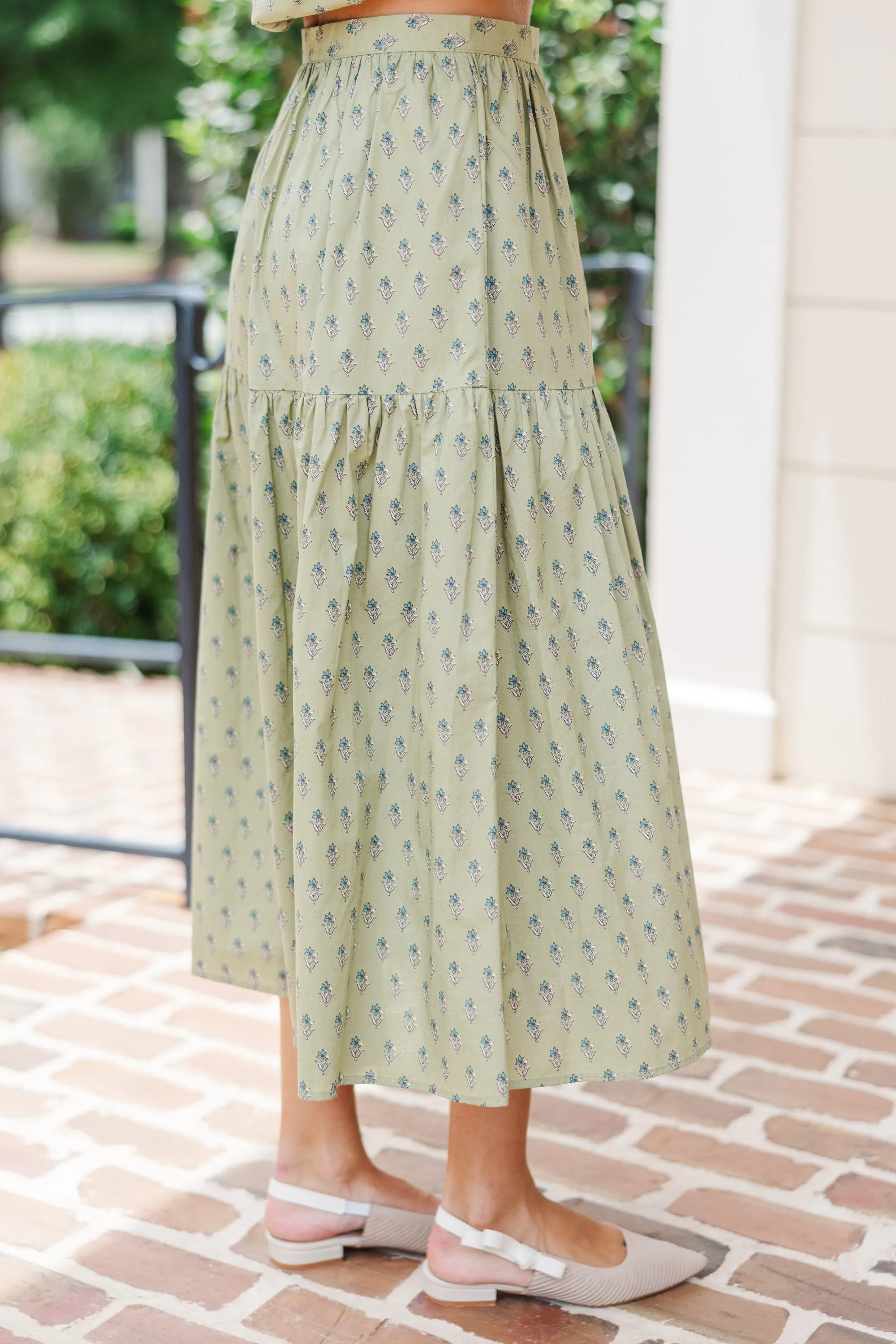 More Than You Know Pistachio Green Floral Midi Skirt