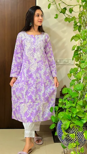 Mul mul cotton floral chikankari kurti and afghani set in purple