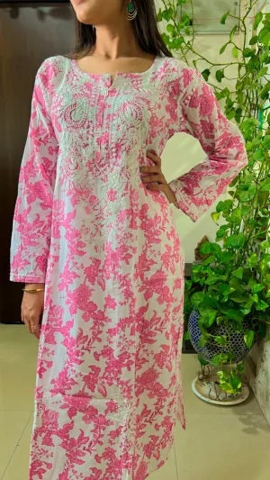 Mul mul cotton lucknowi chikankari kurti and afghani set in pink floral