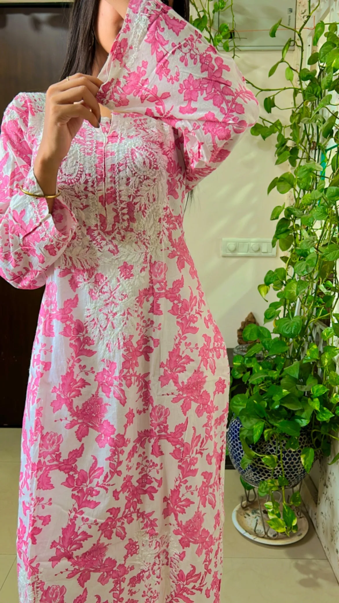 Mul mul cotton lucknowi chikankari kurti and afghani set in pink floral