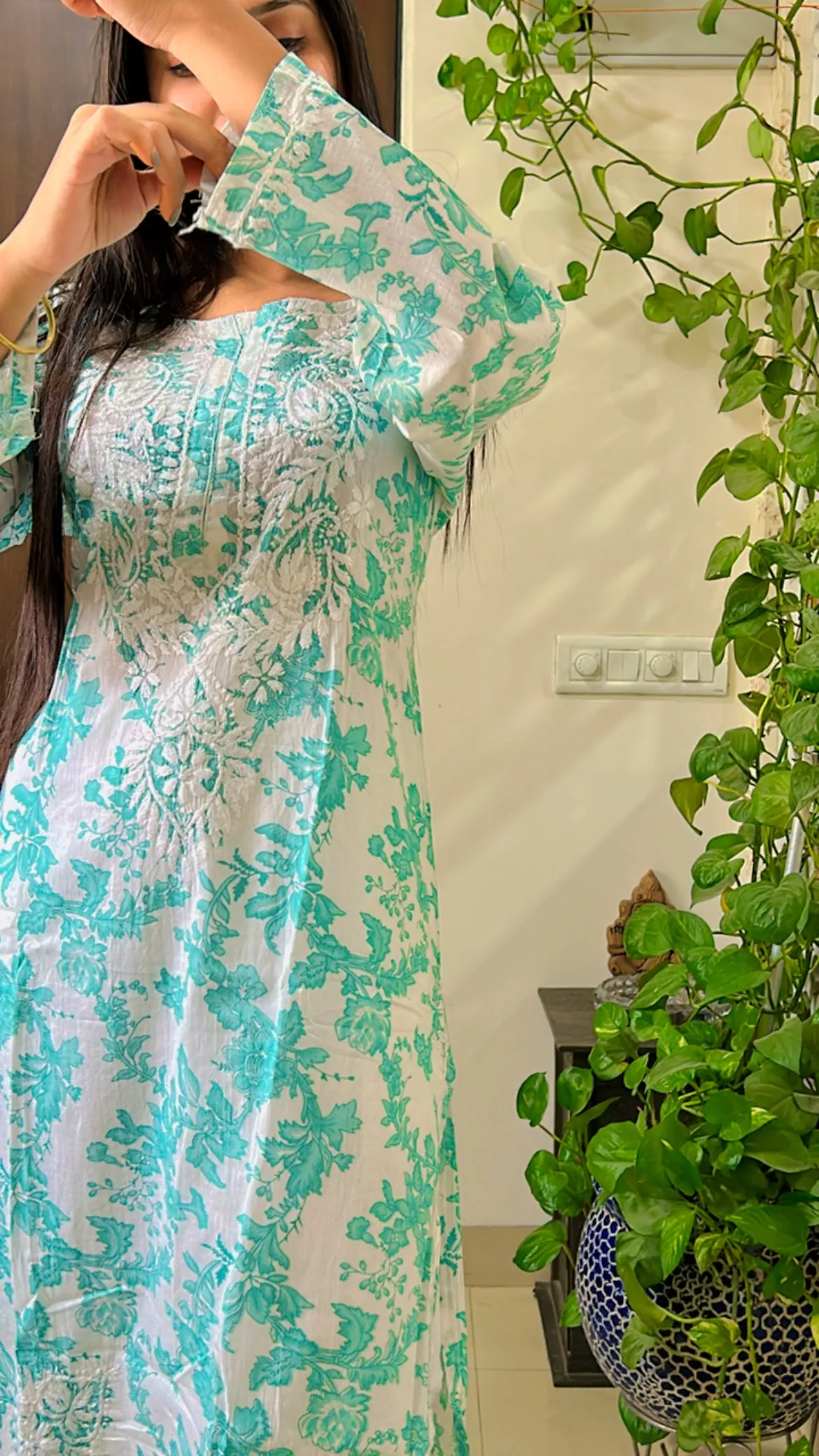 Mul mul cotton lucknowi chikankari kurti in sea blue floral