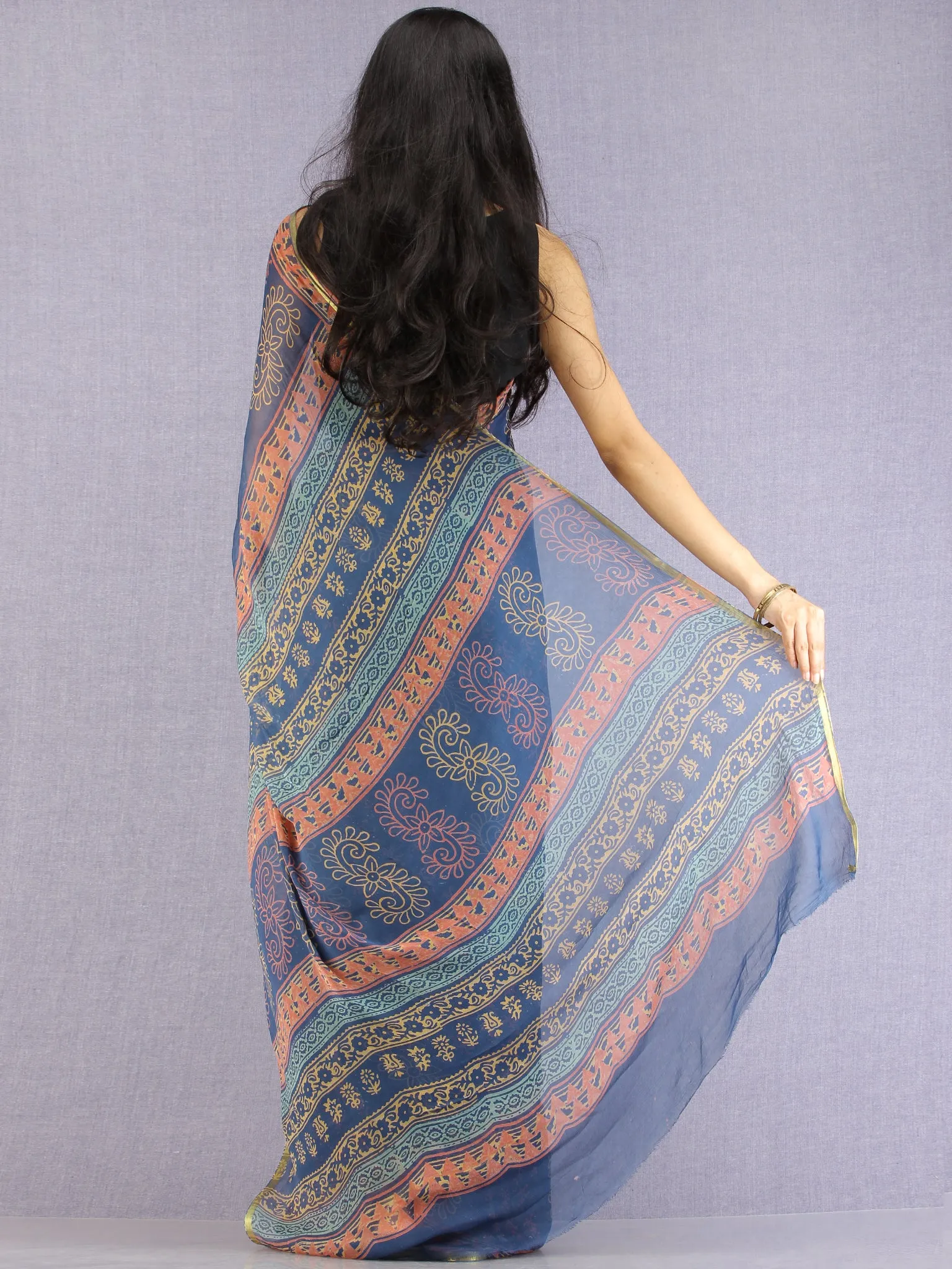 Navy Coral Yellow Hand Block Printed Chiffon Saree with Zari Border - S031704611