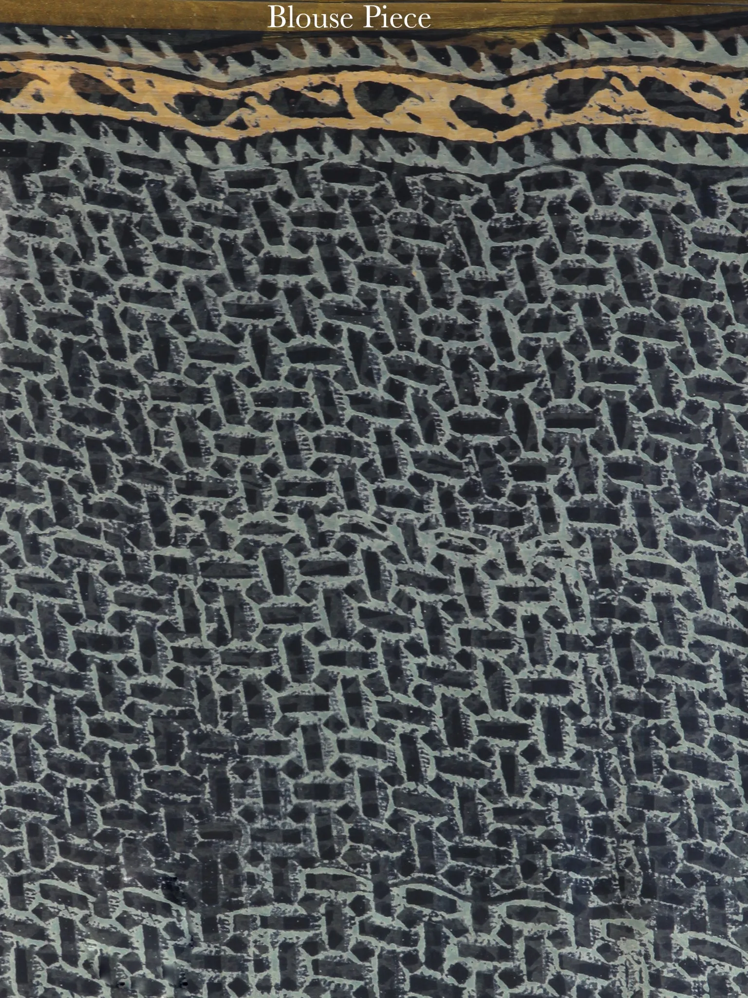 Navy Mustard Hand Block Printed Chiffon Saree with Zari Border - S031704557