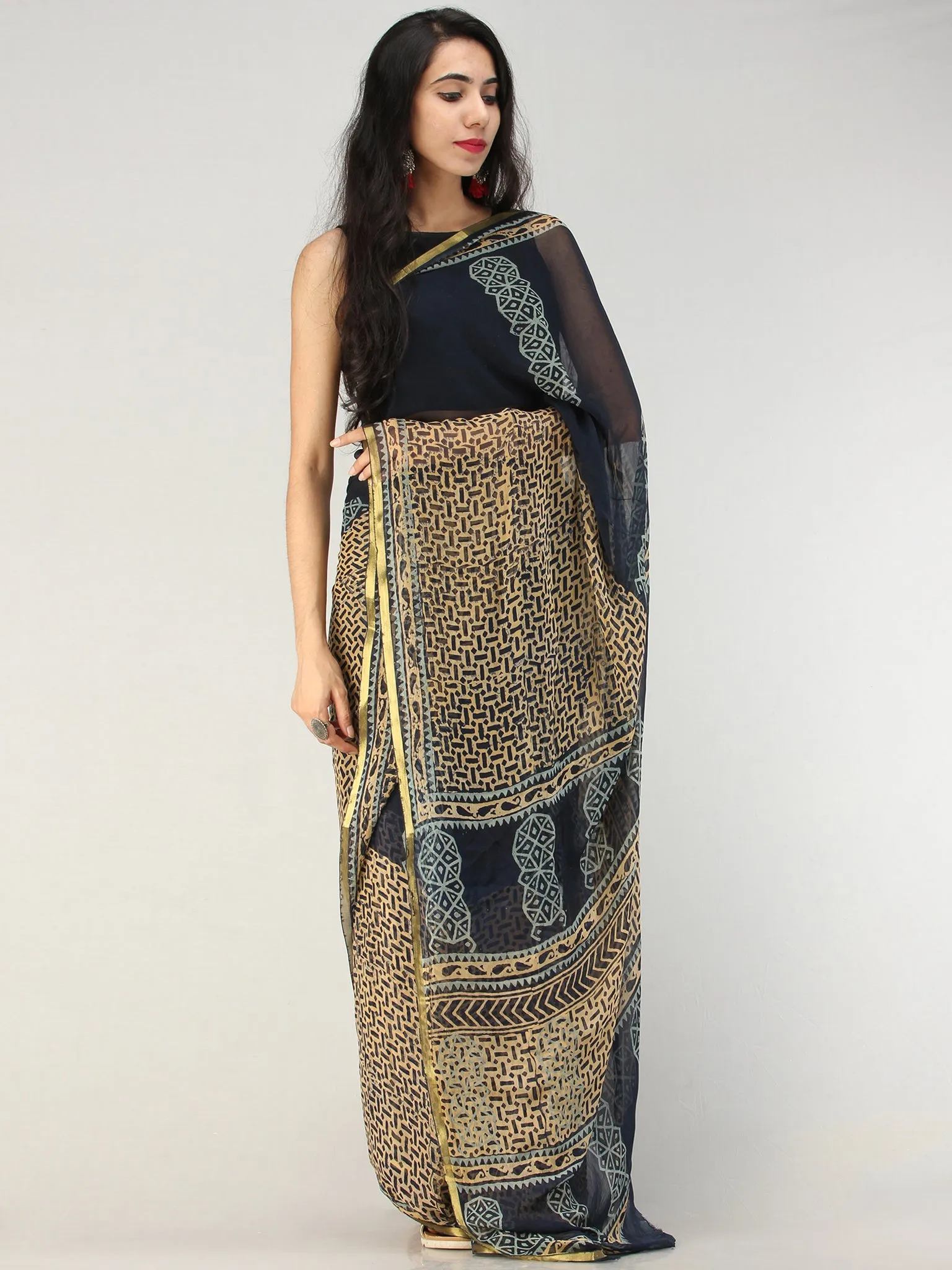 Navy Mustard Hand Block Printed Chiffon Saree with Zari Border - S031704557