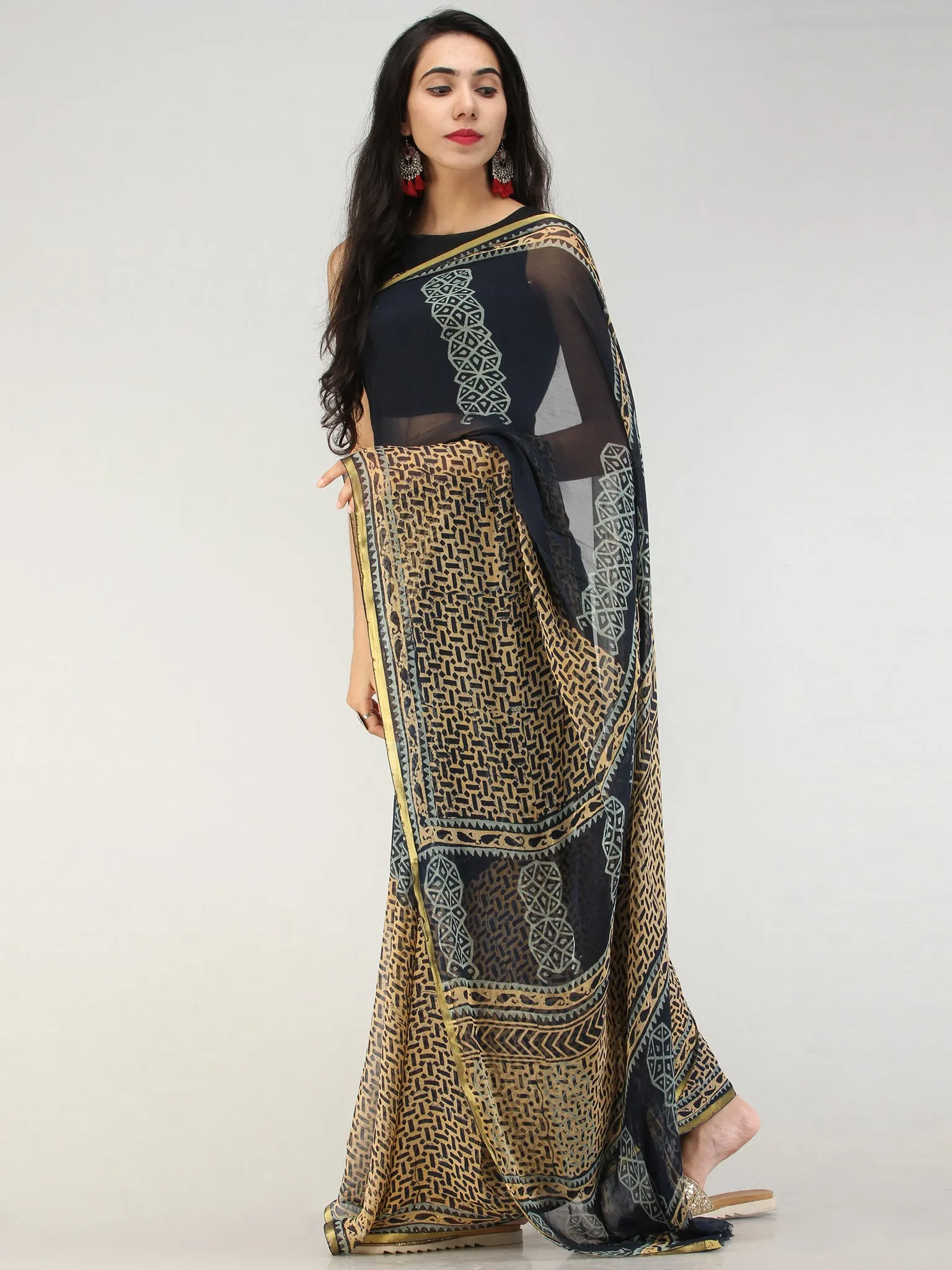 Navy Mustard Hand Block Printed Chiffon Saree with Zari Border - S031704557
