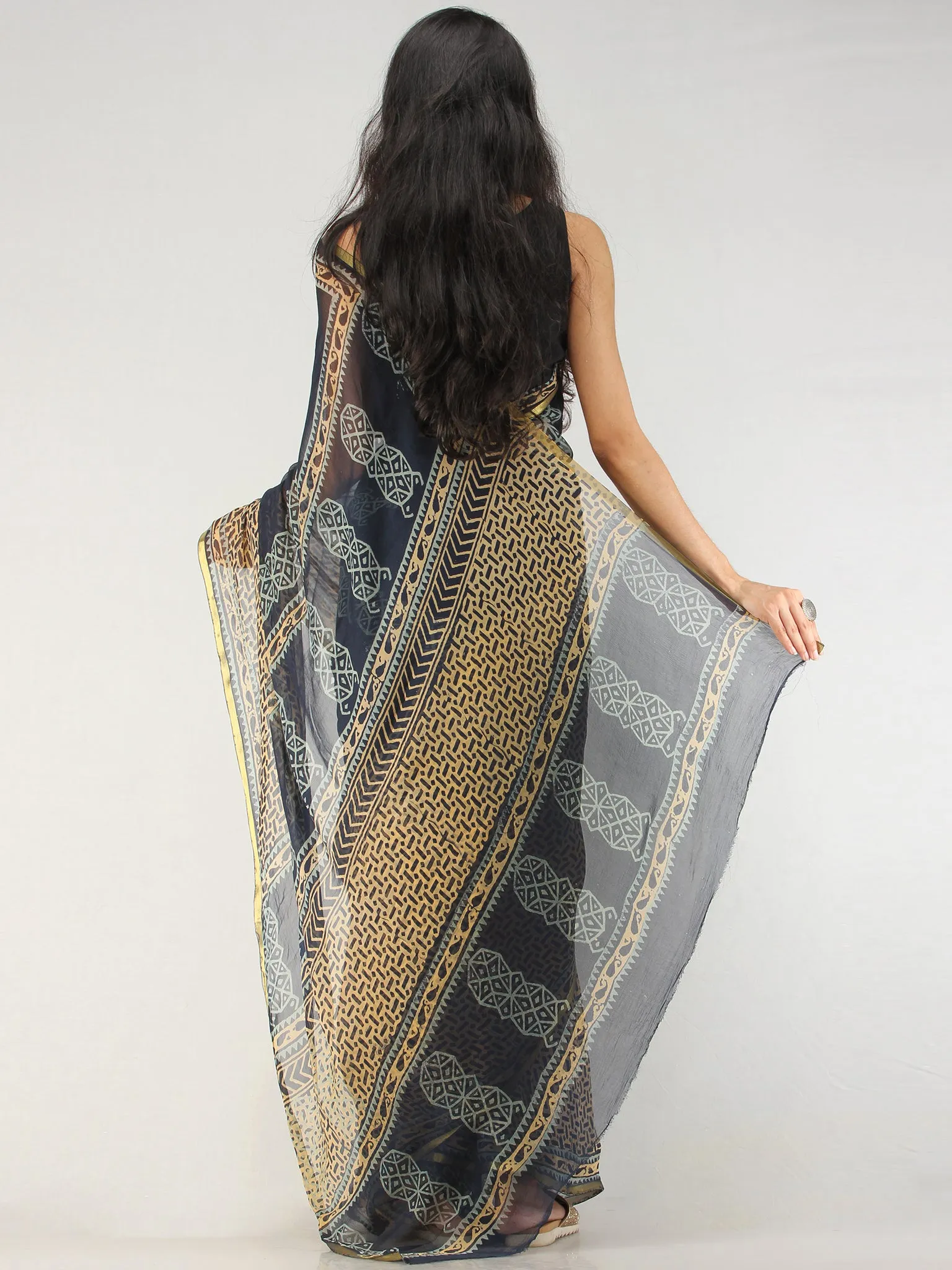 Navy Mustard Hand Block Printed Chiffon Saree with Zari Border - S031704557