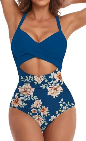 NEW Retails $50 Women's One Piece Swimsuits Tummy Control Cutout High Waisted Bathing Suit Wrap Tie Back 1 Piece Swimsuit, Blue Floral, Sz S