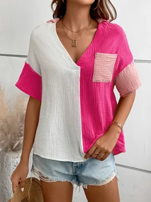 Oceane Color Block Johnny Collar Short Sleeve Blouse