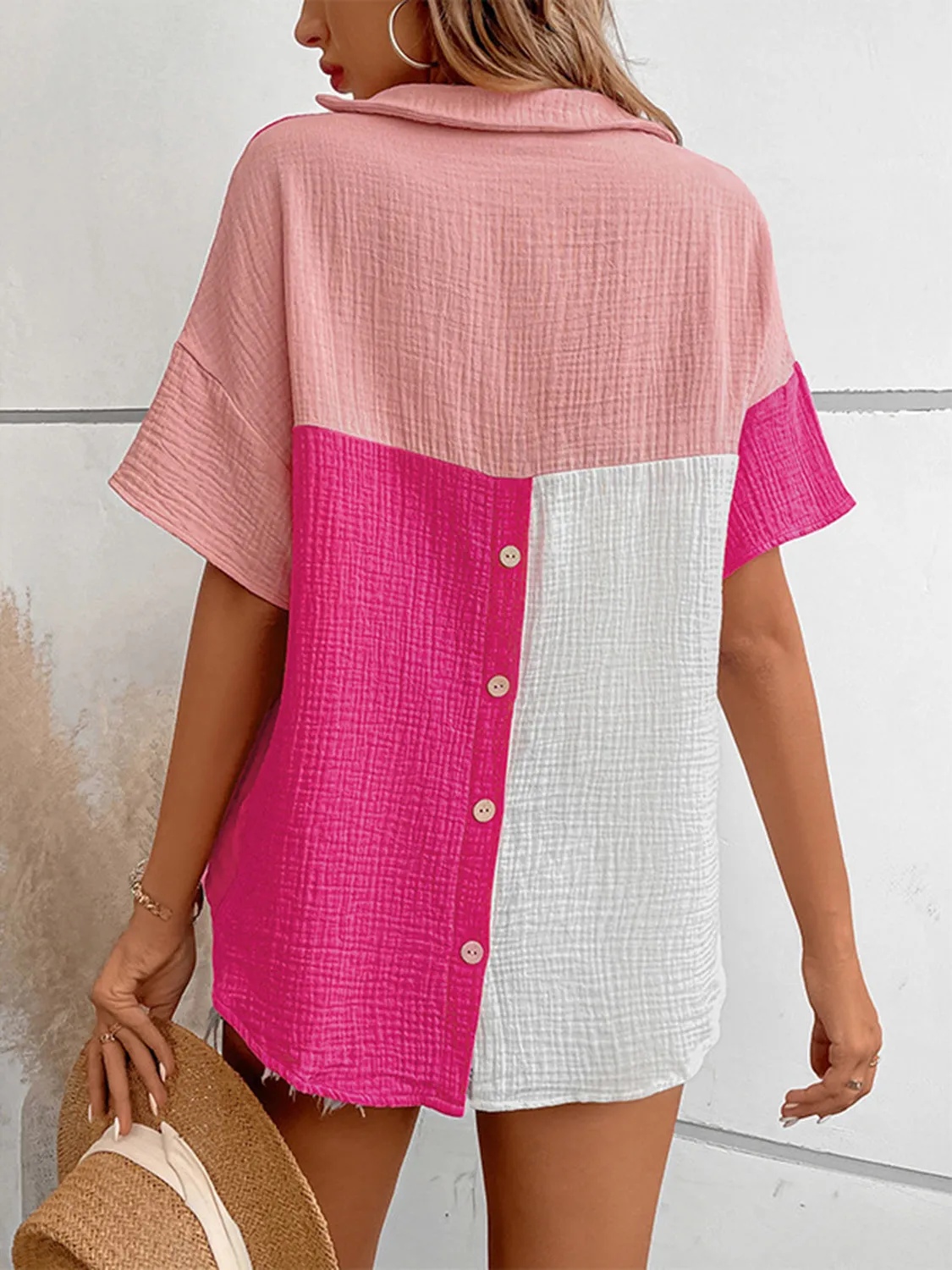 Oceane Color Block Johnny Collar Short Sleeve Blouse