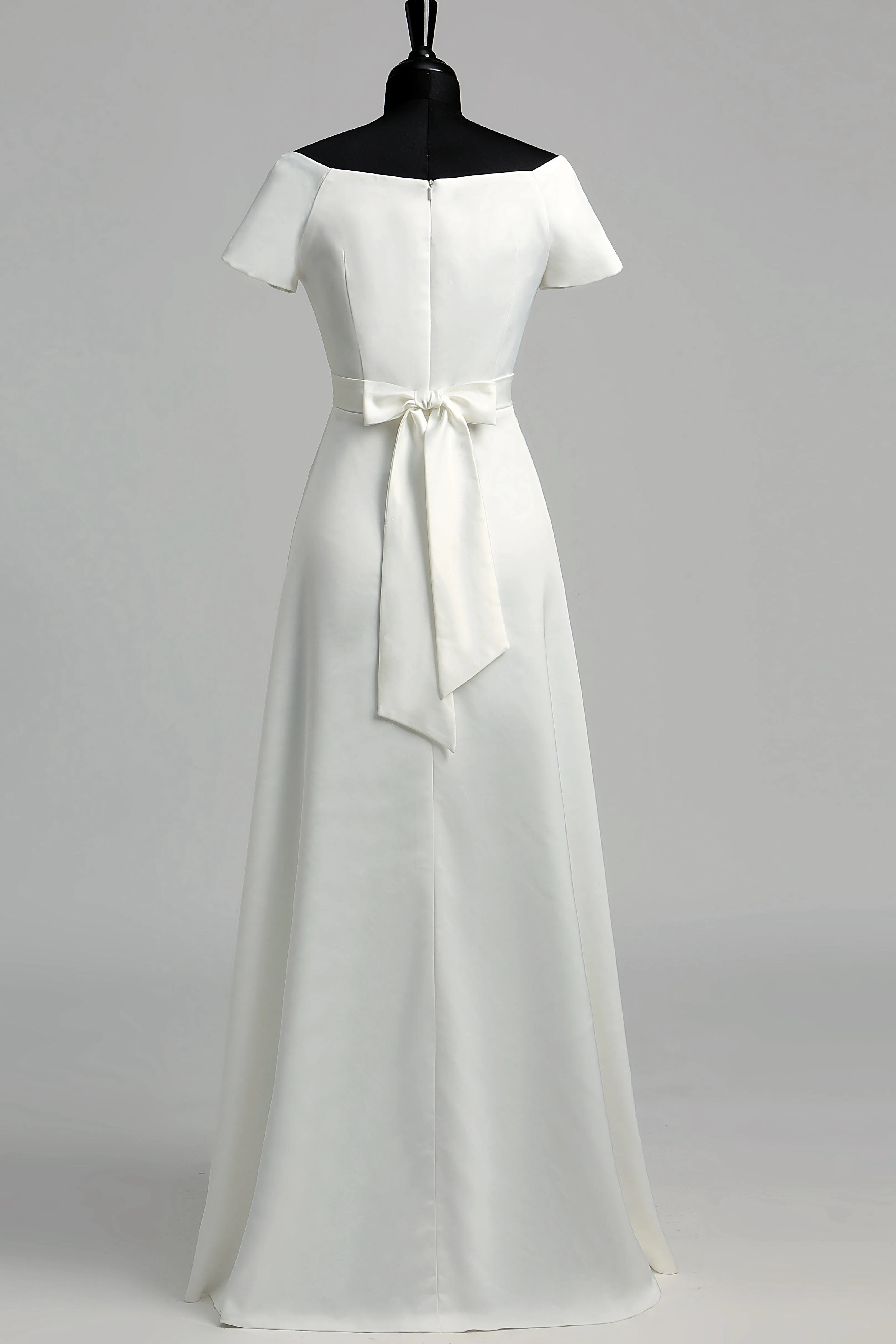 Off-the-shoulder Short Sleeve Empire Beading Pleats Wedding Dress-715558