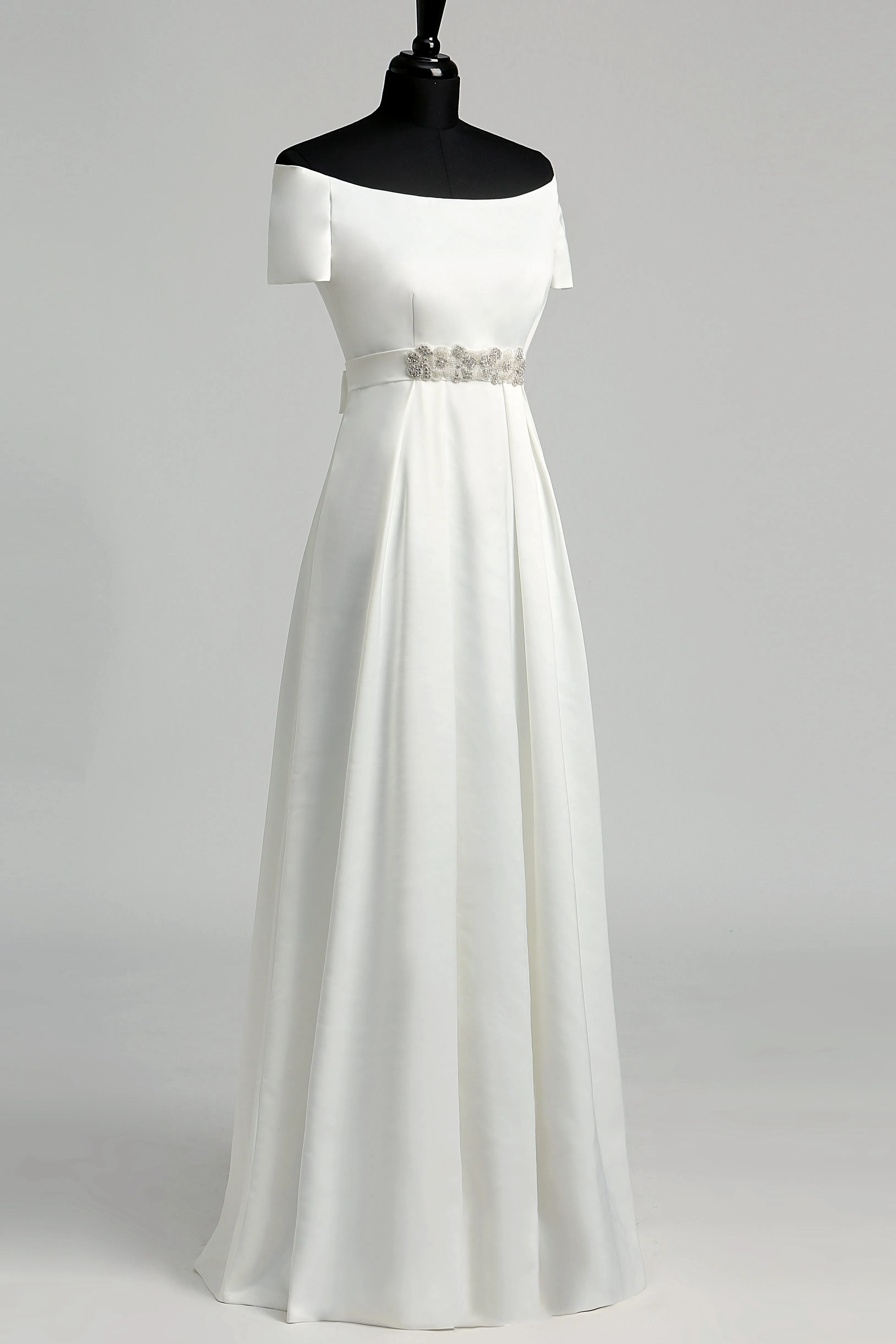 Off-the-shoulder Short Sleeve Empire Beading Pleats Wedding Dress-715558