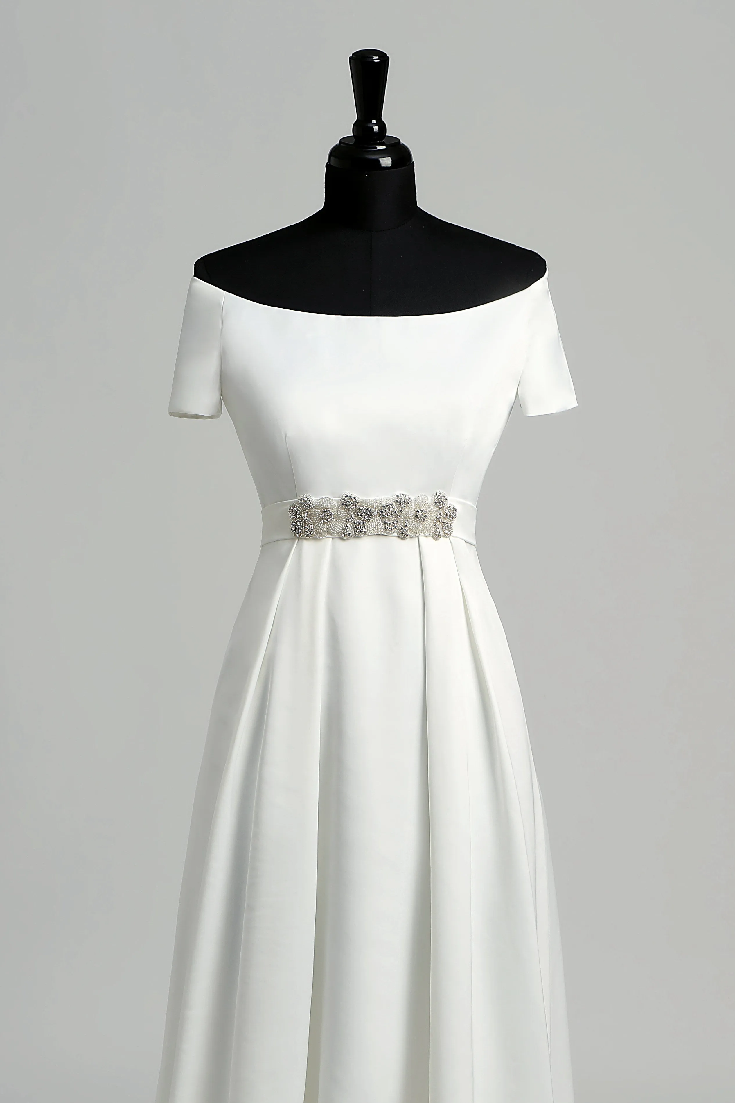Off-the-shoulder Short Sleeve Empire Beading Pleats Wedding Dress-715558
