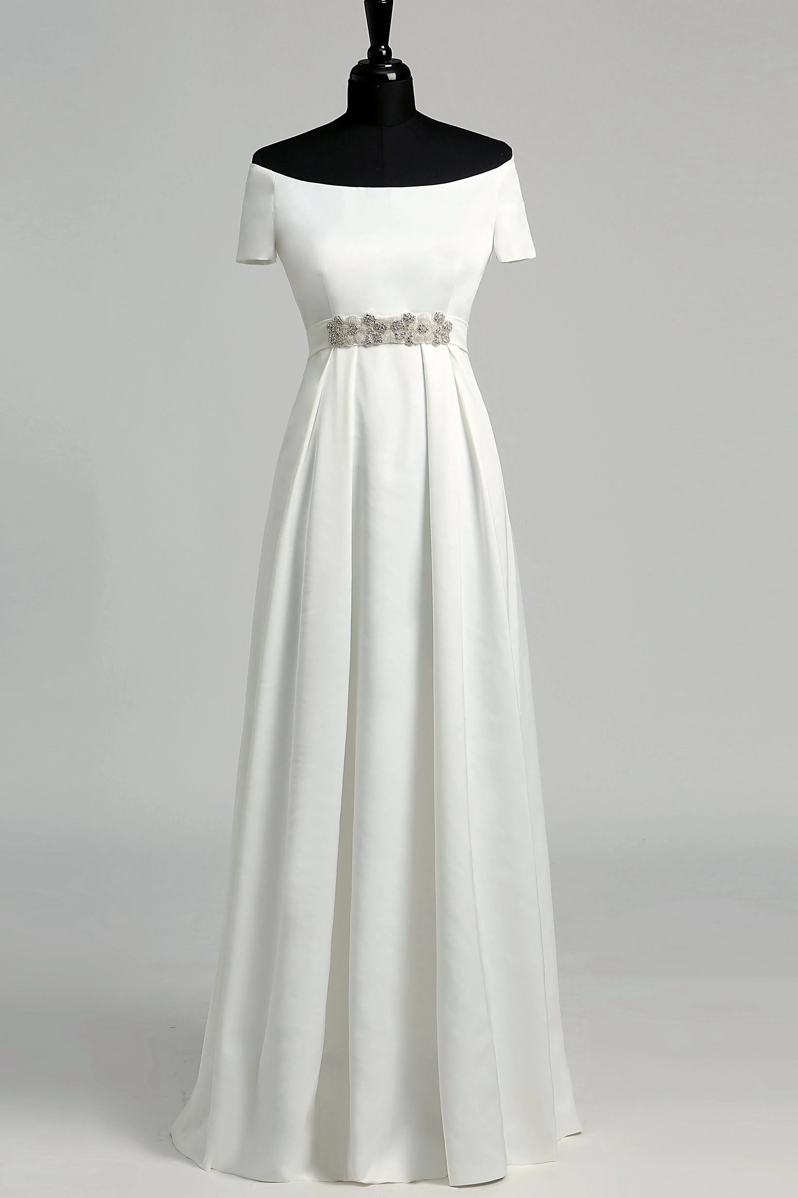 Off-the-shoulder Short Sleeve Empire Beading Pleats Wedding Dress-715558