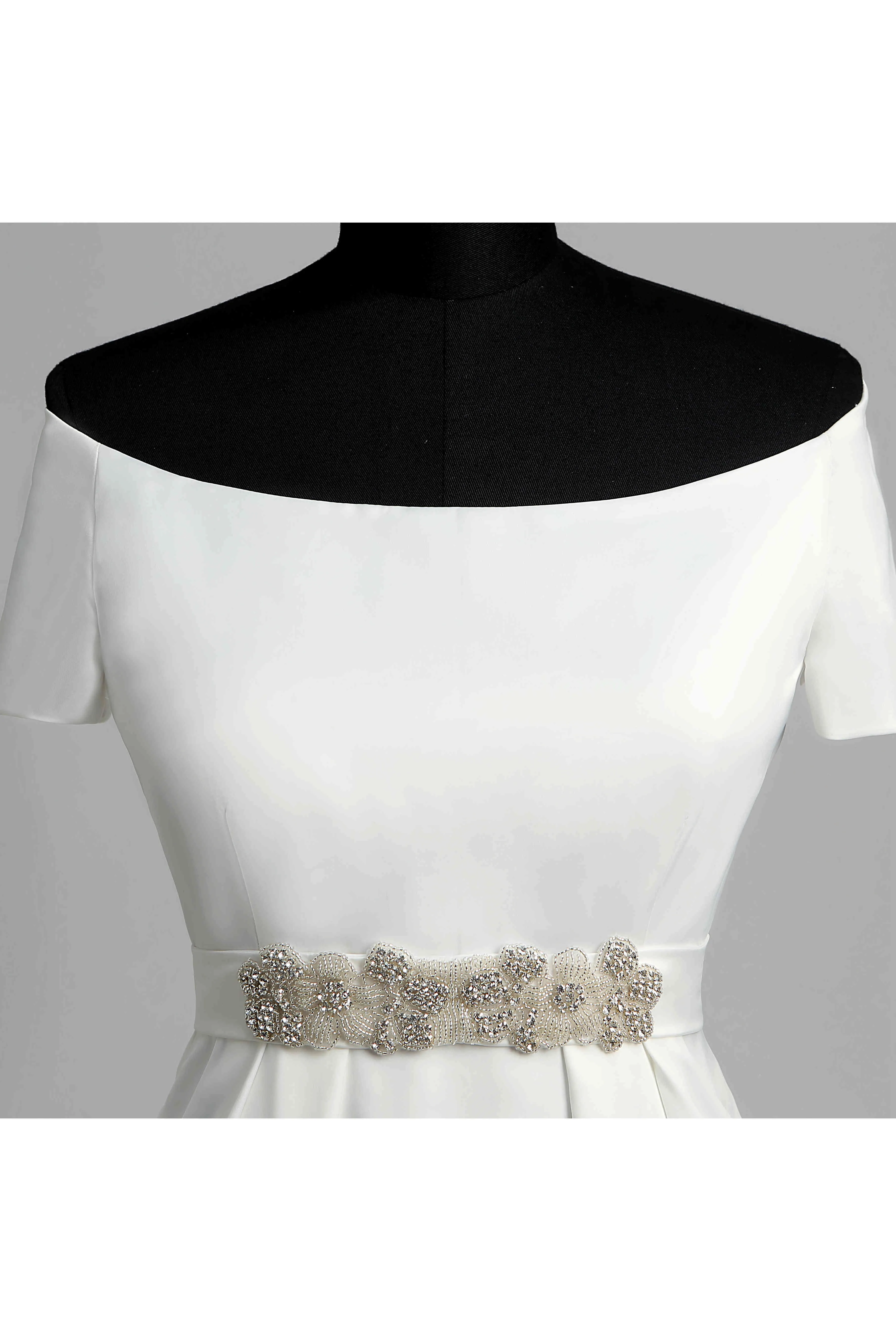 Off-the-shoulder Short Sleeve Empire Beading Pleats Wedding Dress-715558