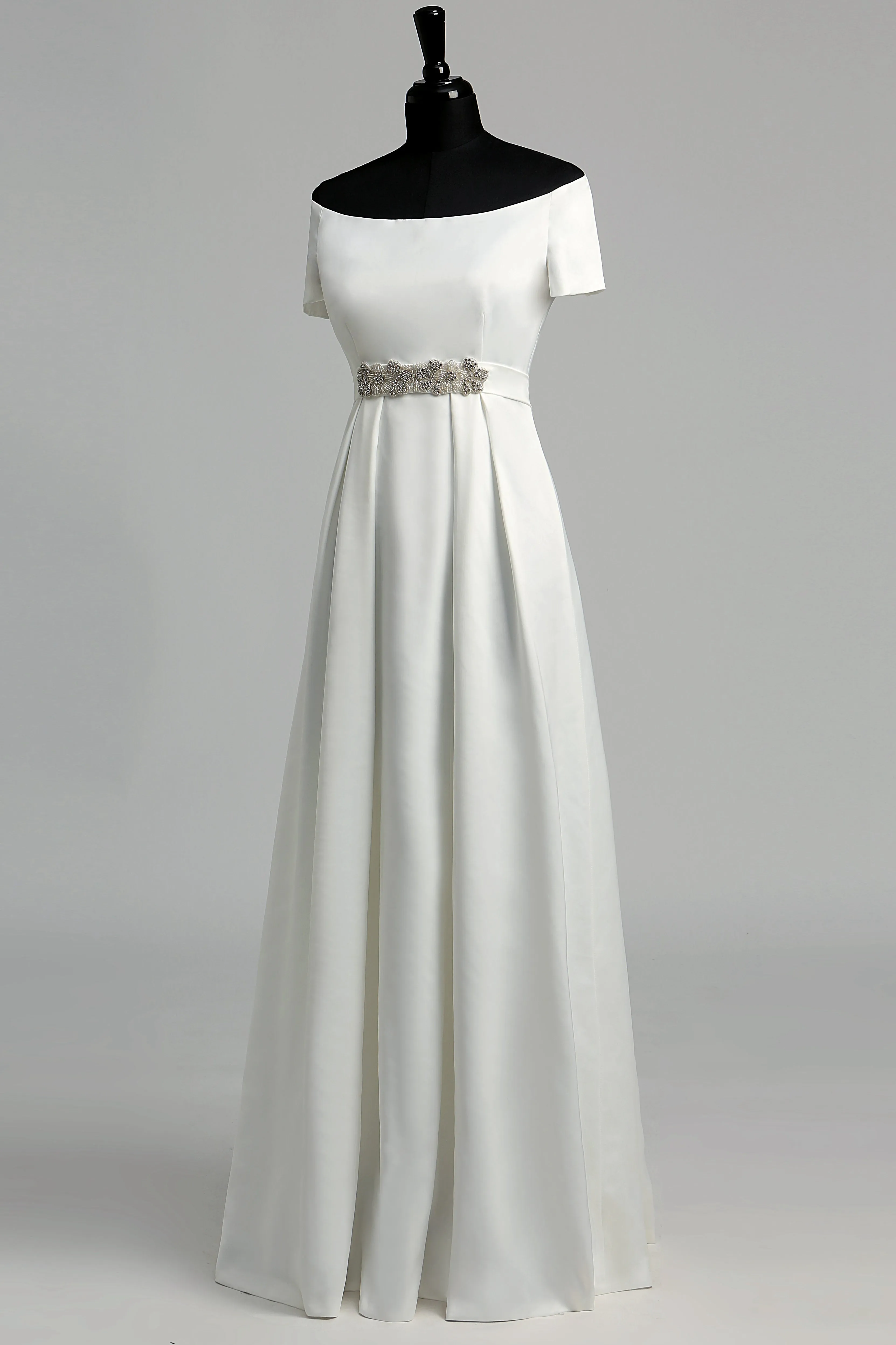 Off-the-shoulder Short Sleeve Empire Beading Pleats Wedding Dress-715558