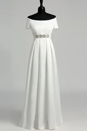 Off-the-shoulder Short Sleeve Empire Beading Pleats Wedding Dress-715558