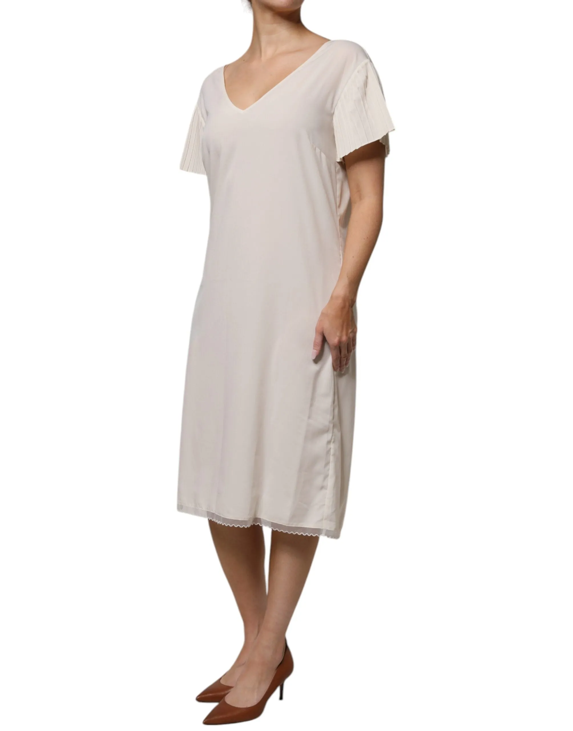 Off White Short Sleeves V-neck Shift Midi Dress